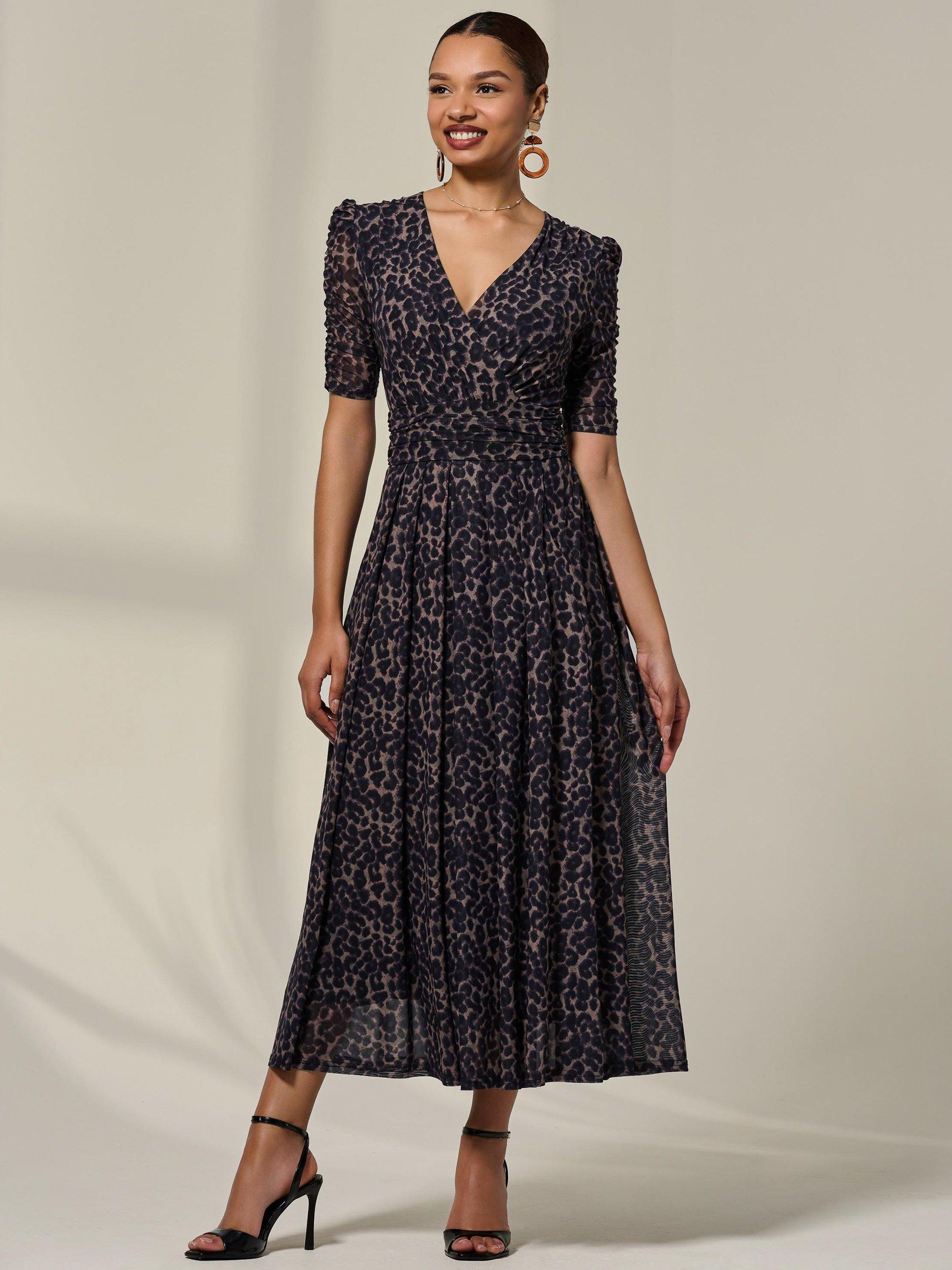 Product image 1 of 7, which shows Jolie Moi Animal Print Ruched Sleeve Mesh Dress, Brown, 8