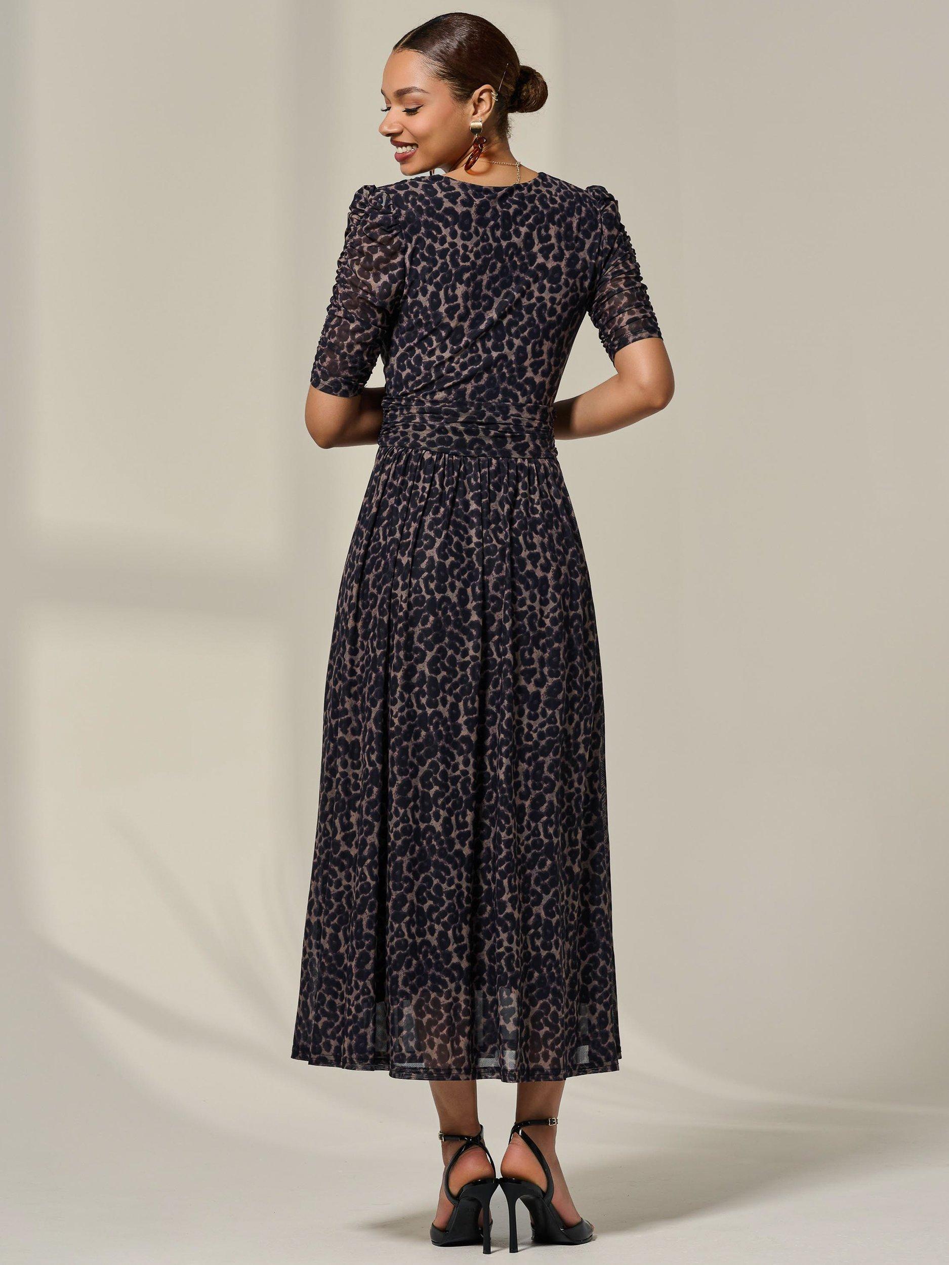 Product image 2 of 7, which shows Jolie Moi Animal Print Ruched Sleeve Mesh Dress, Brown, 8
