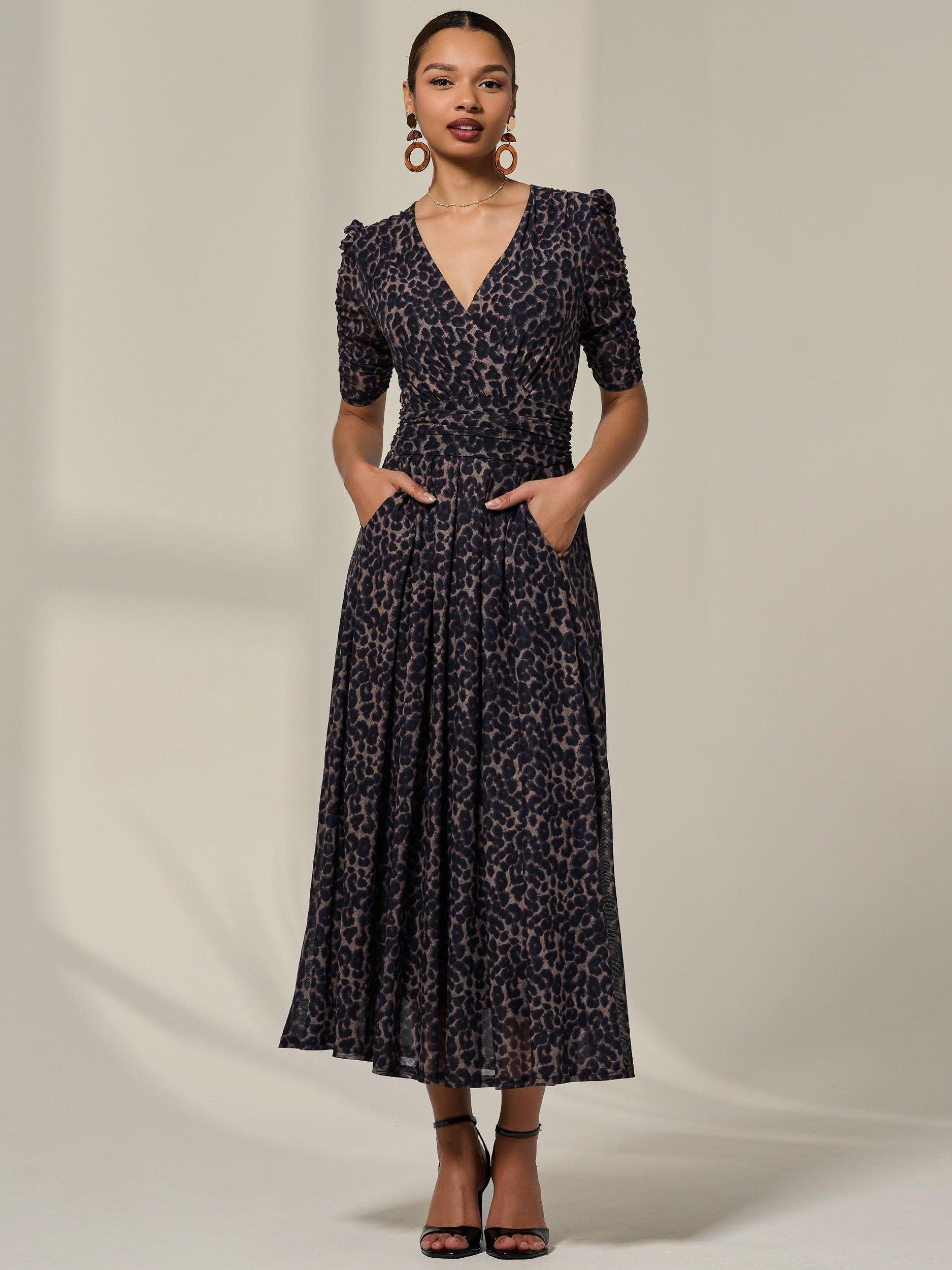 Product image 3 of 7, which shows Jolie Moi Animal Print Ruched Sleeve Mesh Dress, Brown, 8