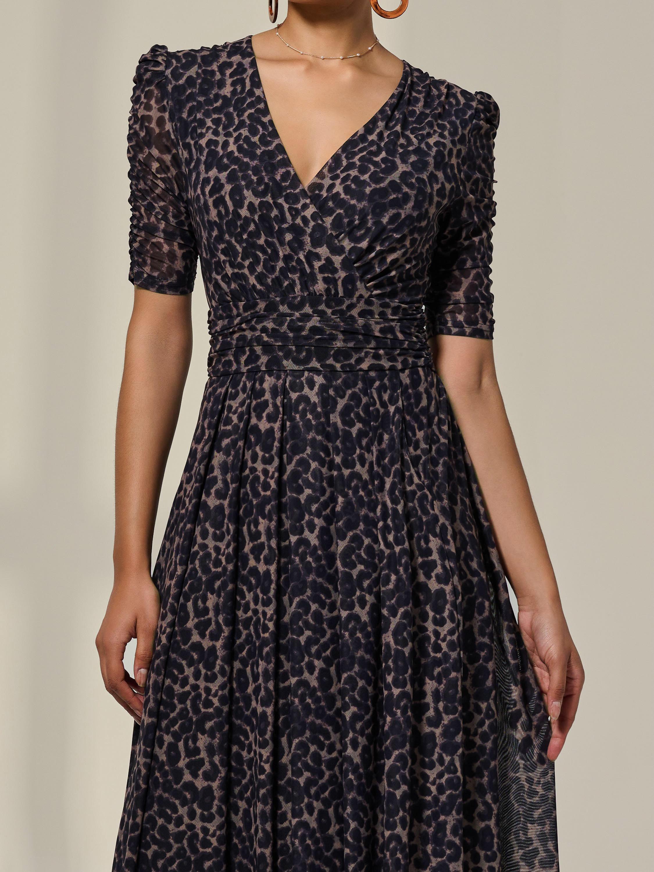 Product image 4 of 7, which shows Jolie Moi Animal Print Ruched Sleeve Mesh Dress, Brown, 8