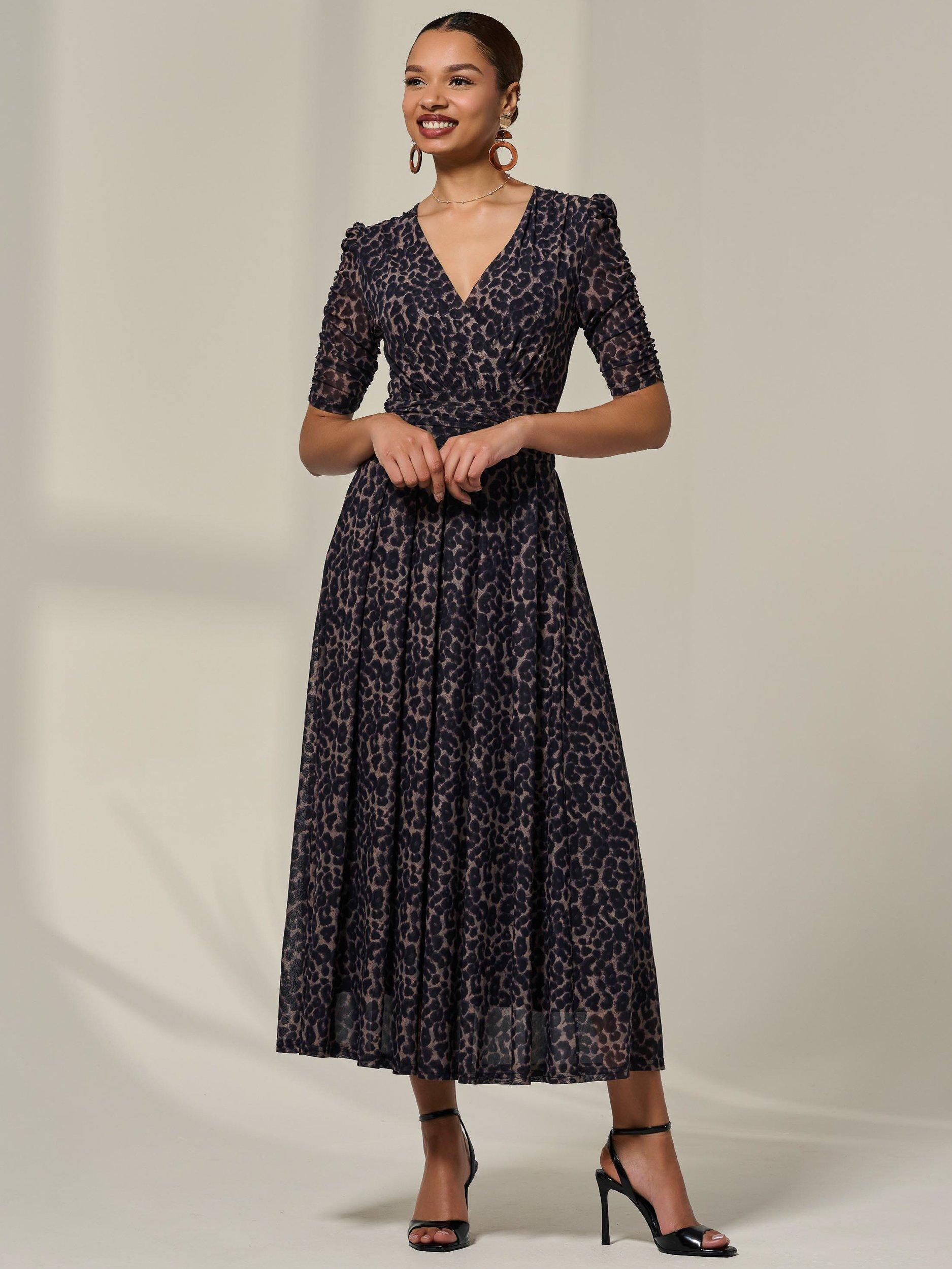 Product image 5 of 7, which shows Jolie Moi Animal Print Ruched Sleeve Mesh Dress, Brown, 8