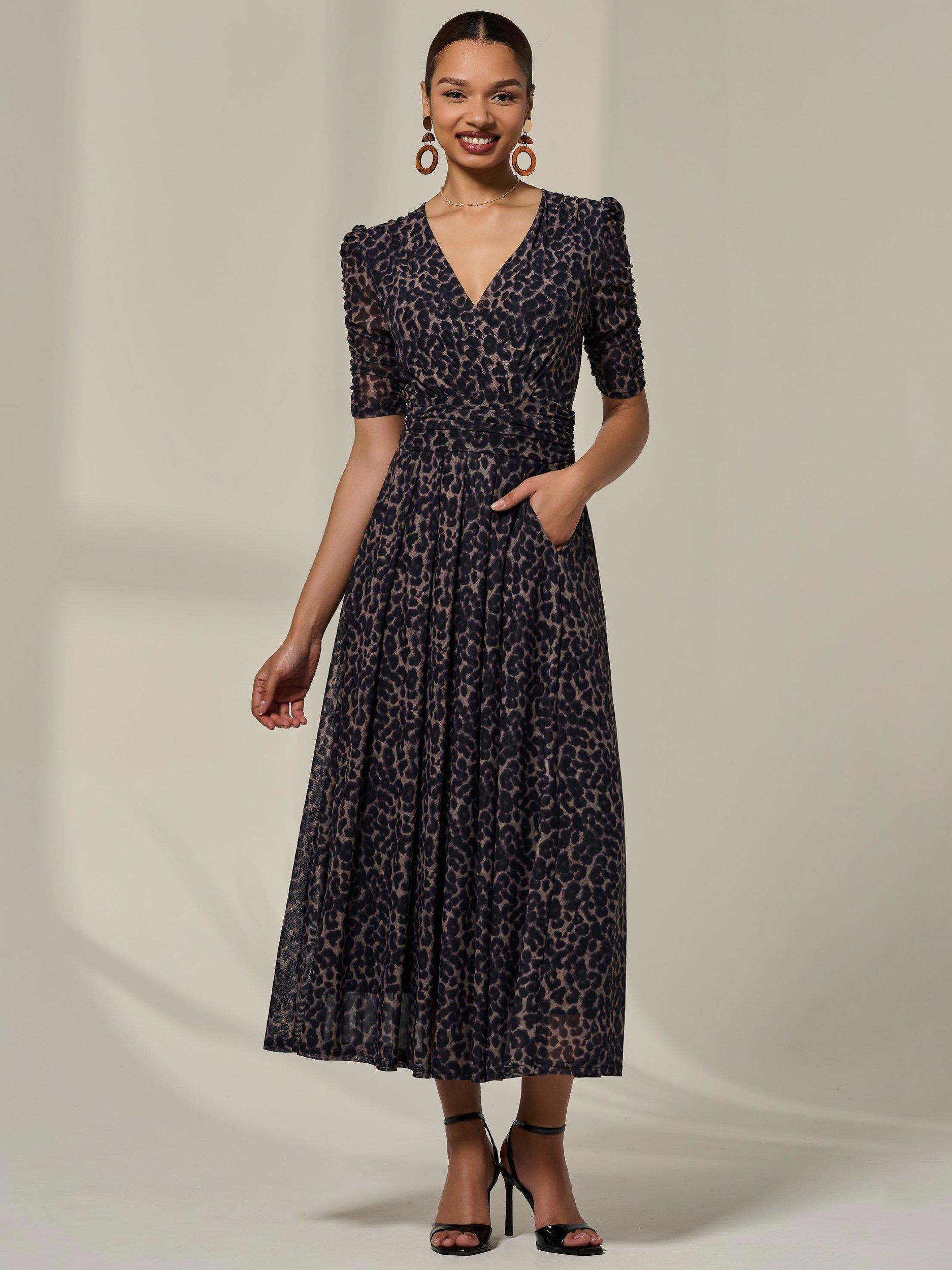 Product image 6 of 7, which shows Jolie Moi Animal Print Ruched Sleeve Mesh Dress, Brown, 8