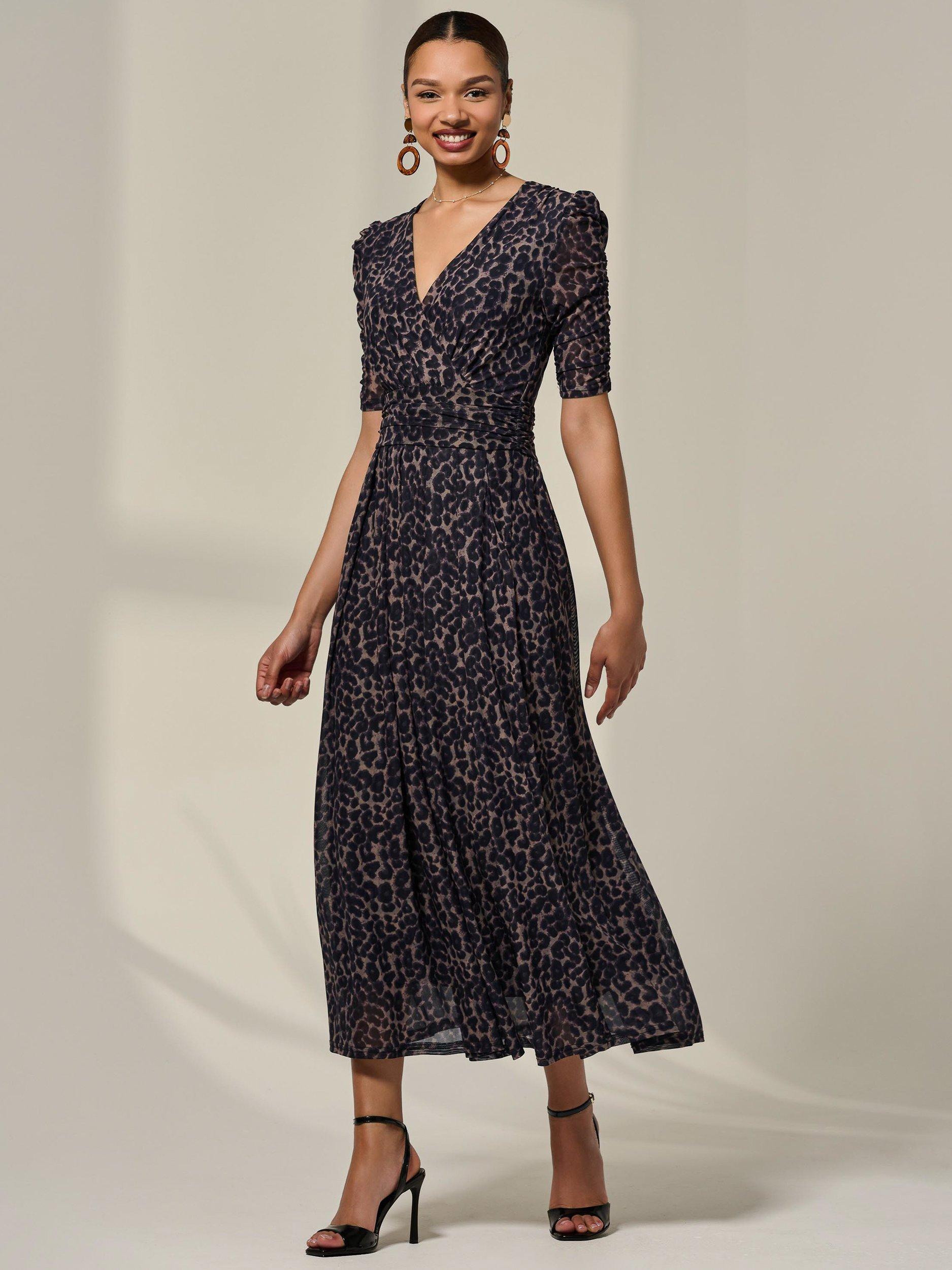 Product image 7 of 7, which shows Jolie Moi Animal Print Ruched Sleeve Mesh Dress, Brown, 8