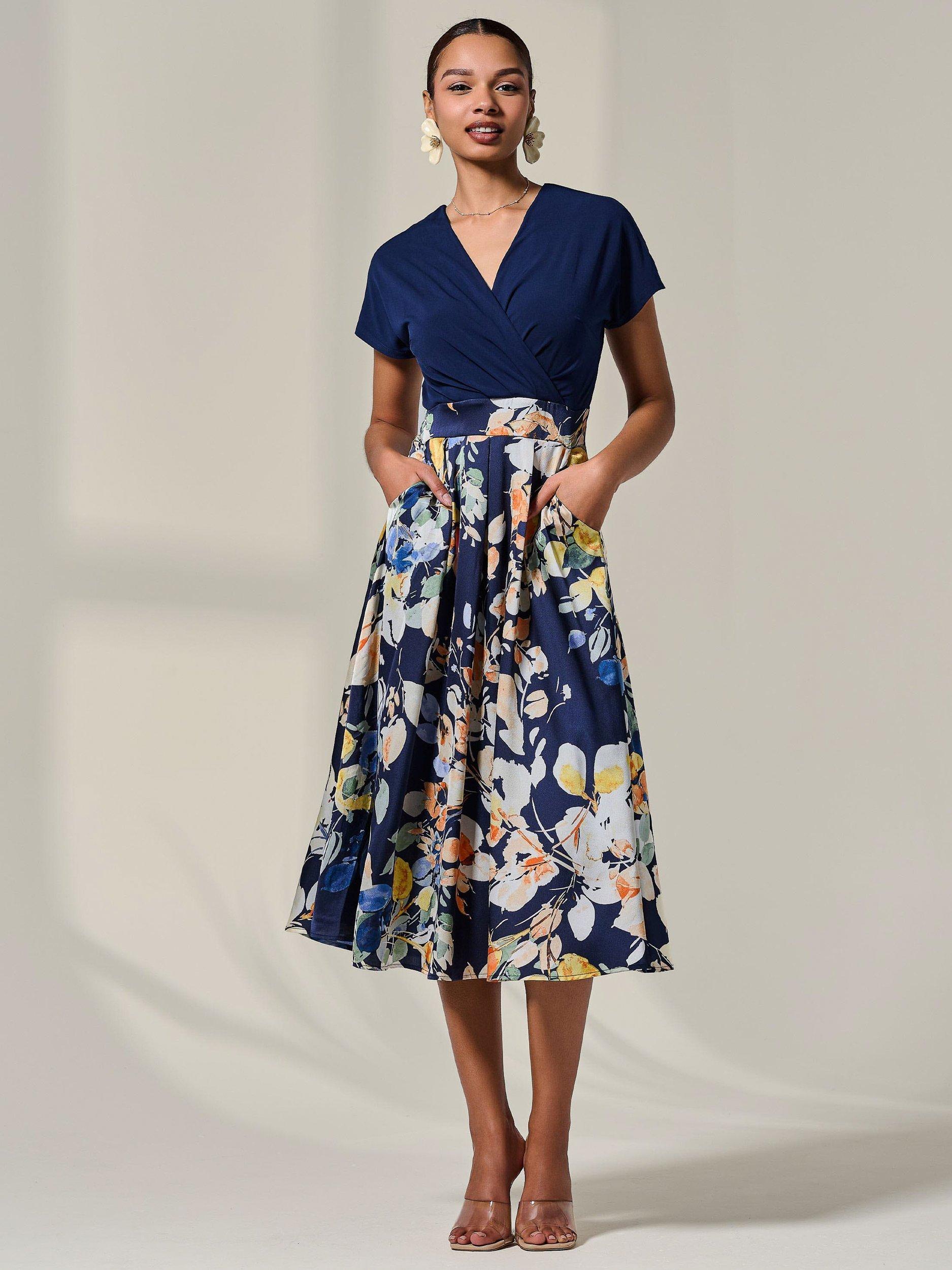 Product image 1 of 7, which shows Jolie Moi Floral Short Sleeve Midaxi Dress, Navy, 8