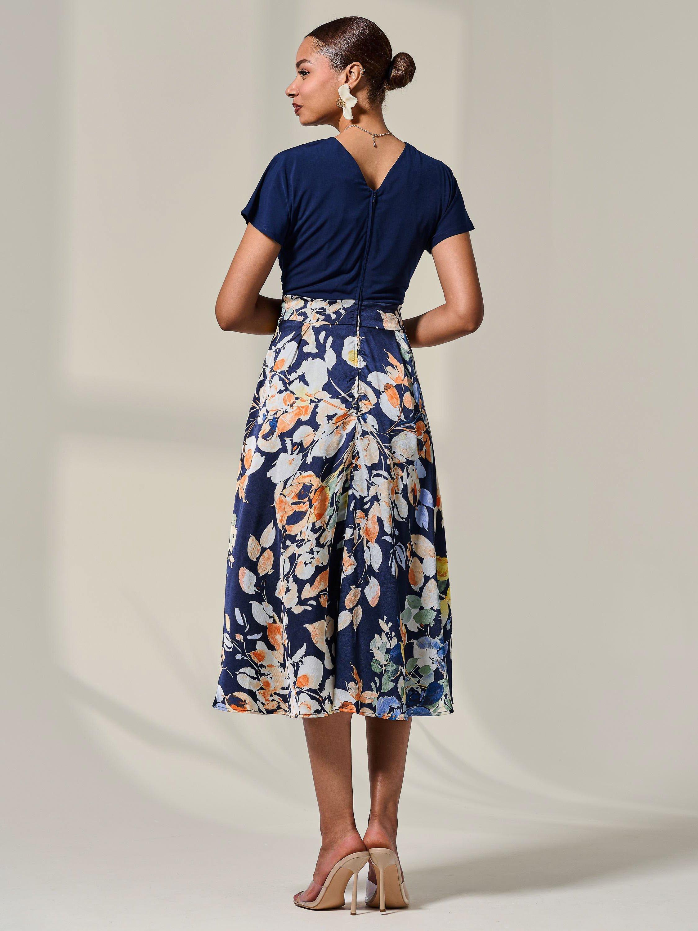 Product image 2 of 7, which shows Jolie Moi Floral Short Sleeve Midaxi Dress, Navy, 8