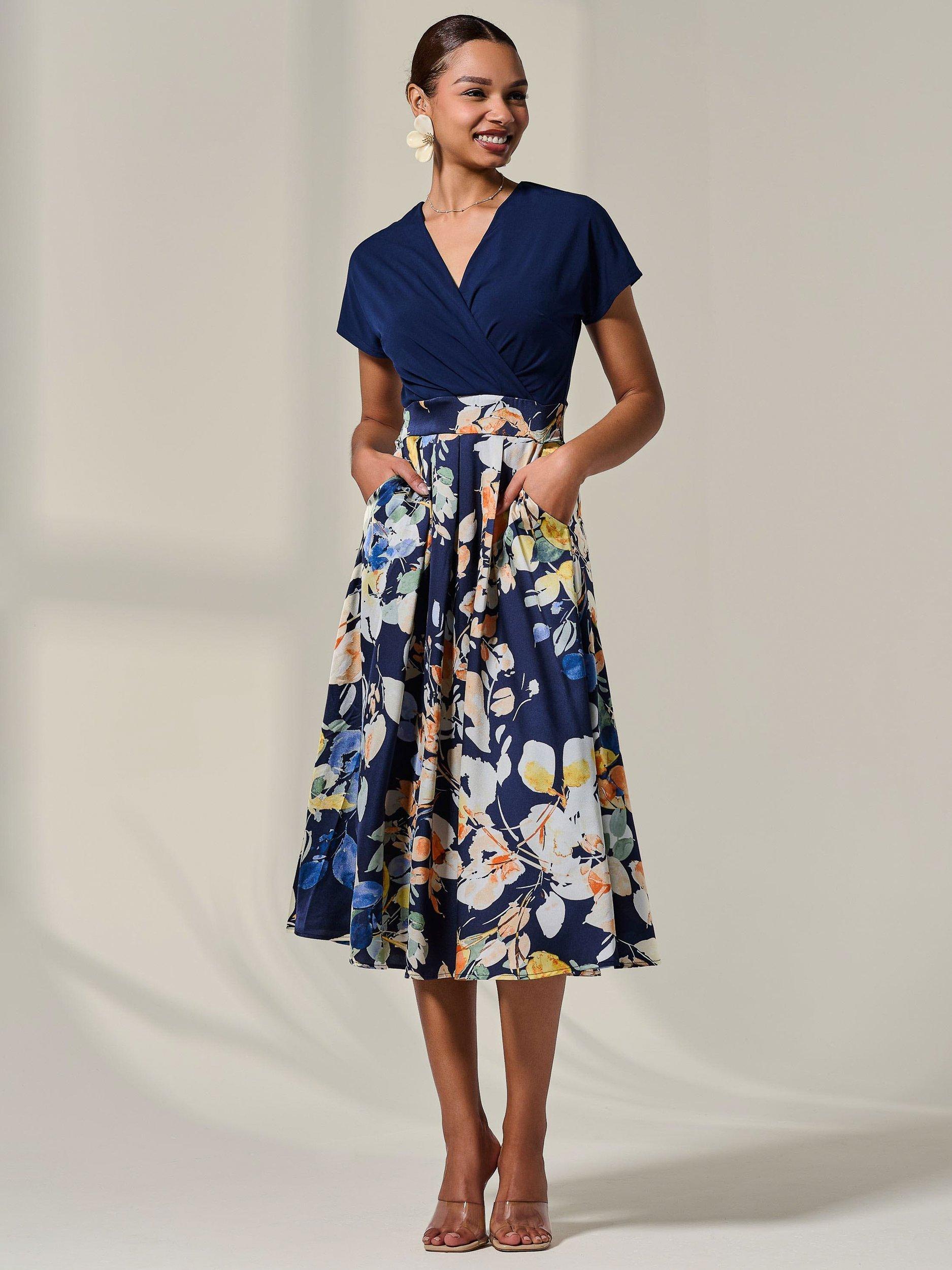 Product image 3 of 7, which shows Jolie Moi Floral Short Sleeve Midaxi Dress, Navy, 8