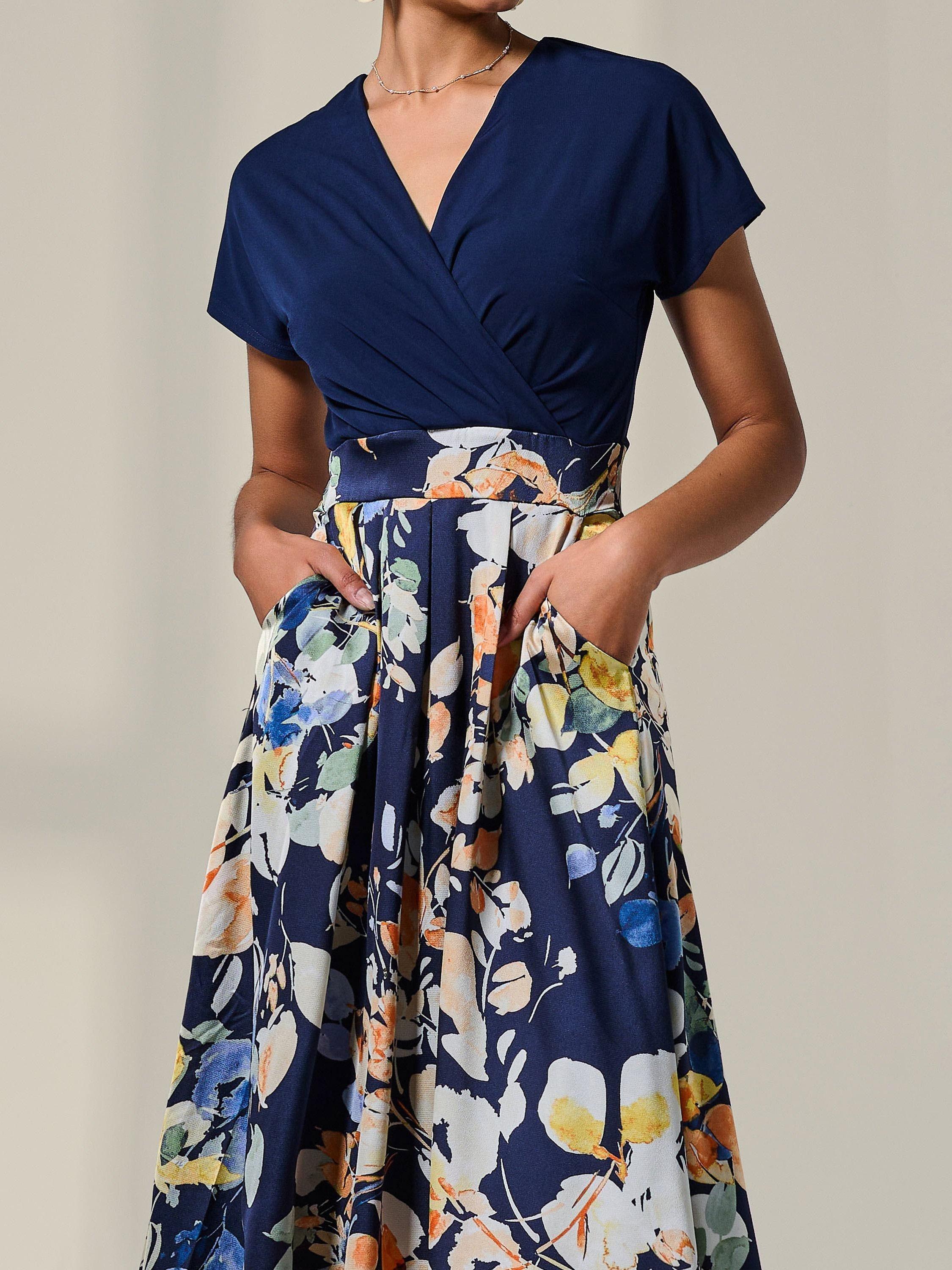 Product image 4 of 7, which shows Jolie Moi Floral Short Sleeve Midaxi Dress, Navy, 8