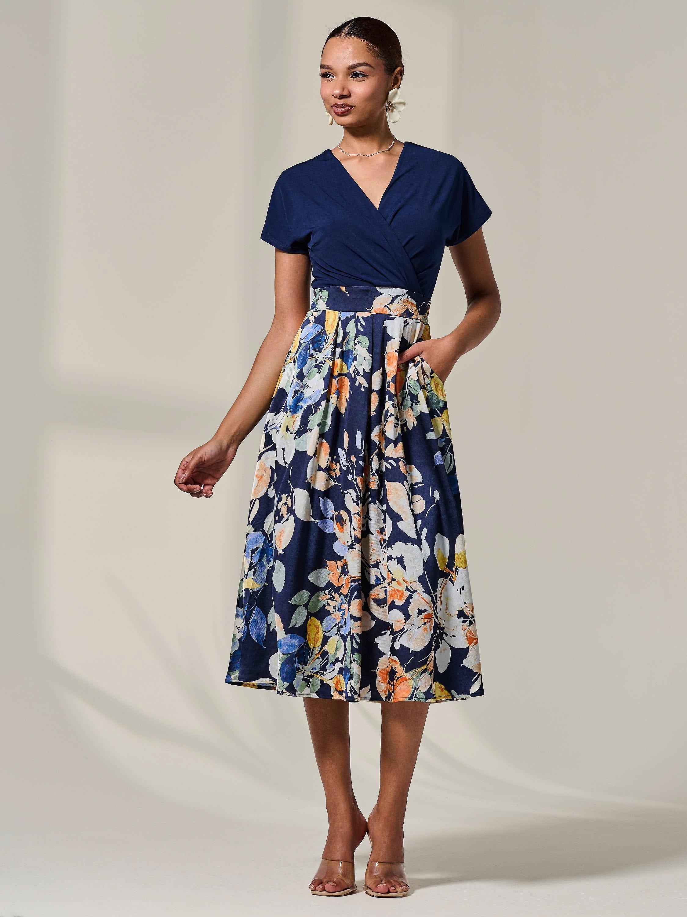 Product image 5 of 7, which shows Jolie Moi Floral Short Sleeve Midaxi Dress, Navy, 8
