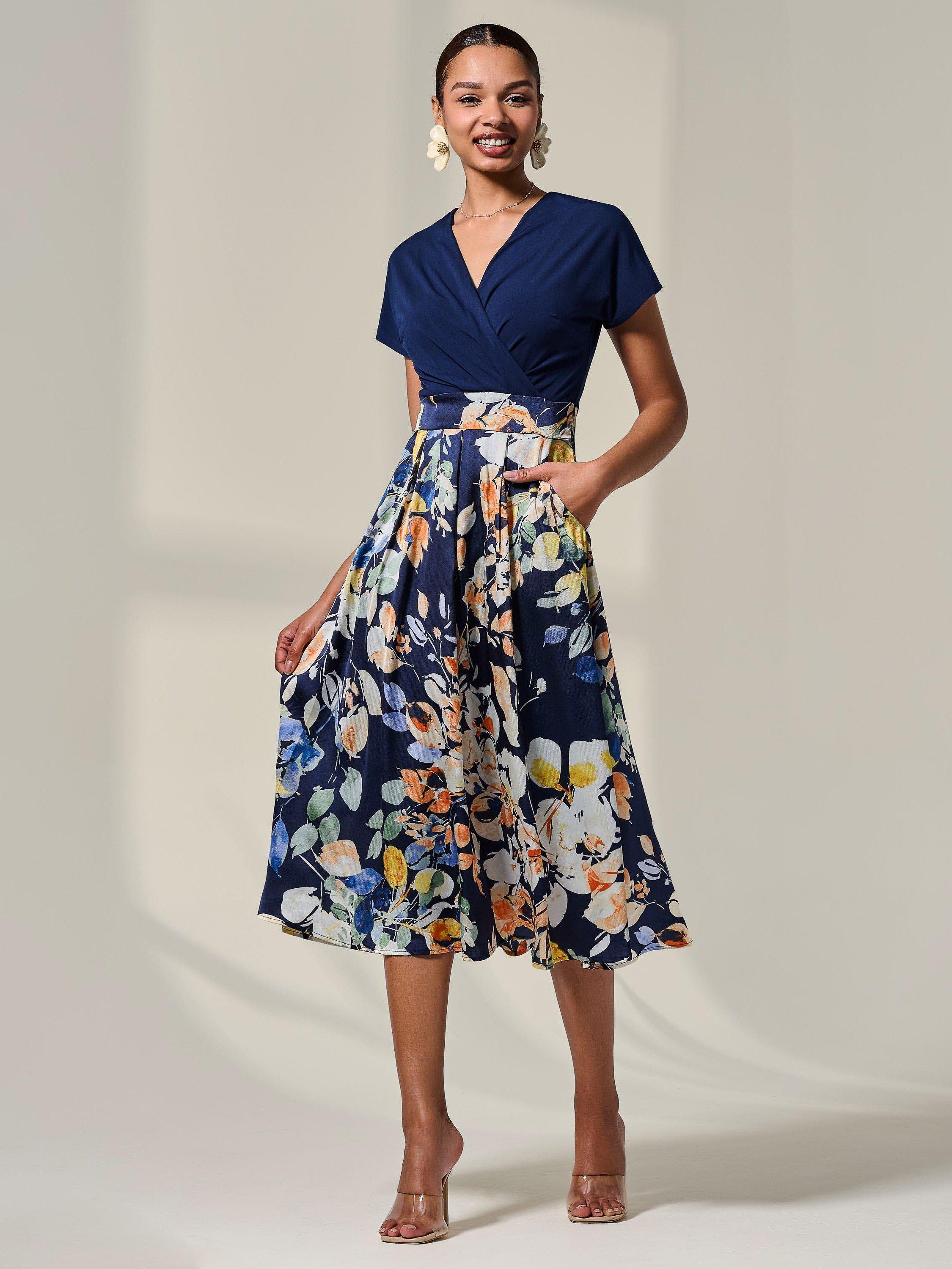 Product image 6 of 7, which shows Jolie Moi Floral Short Sleeve Midaxi Dress, Navy, 8