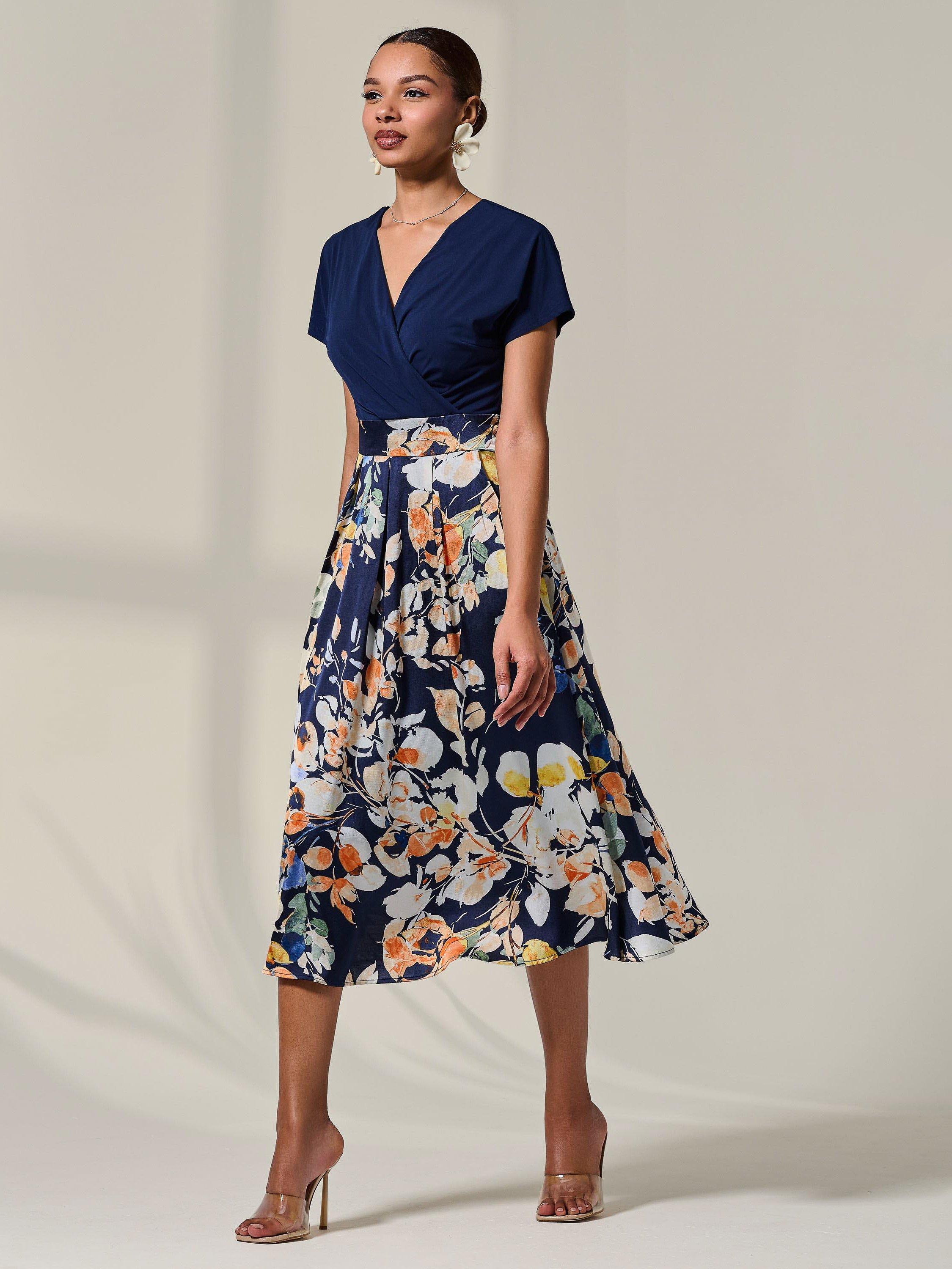 Product image 7 of 7, which shows Jolie Moi Floral Short Sleeve Midaxi Dress, Navy, 8