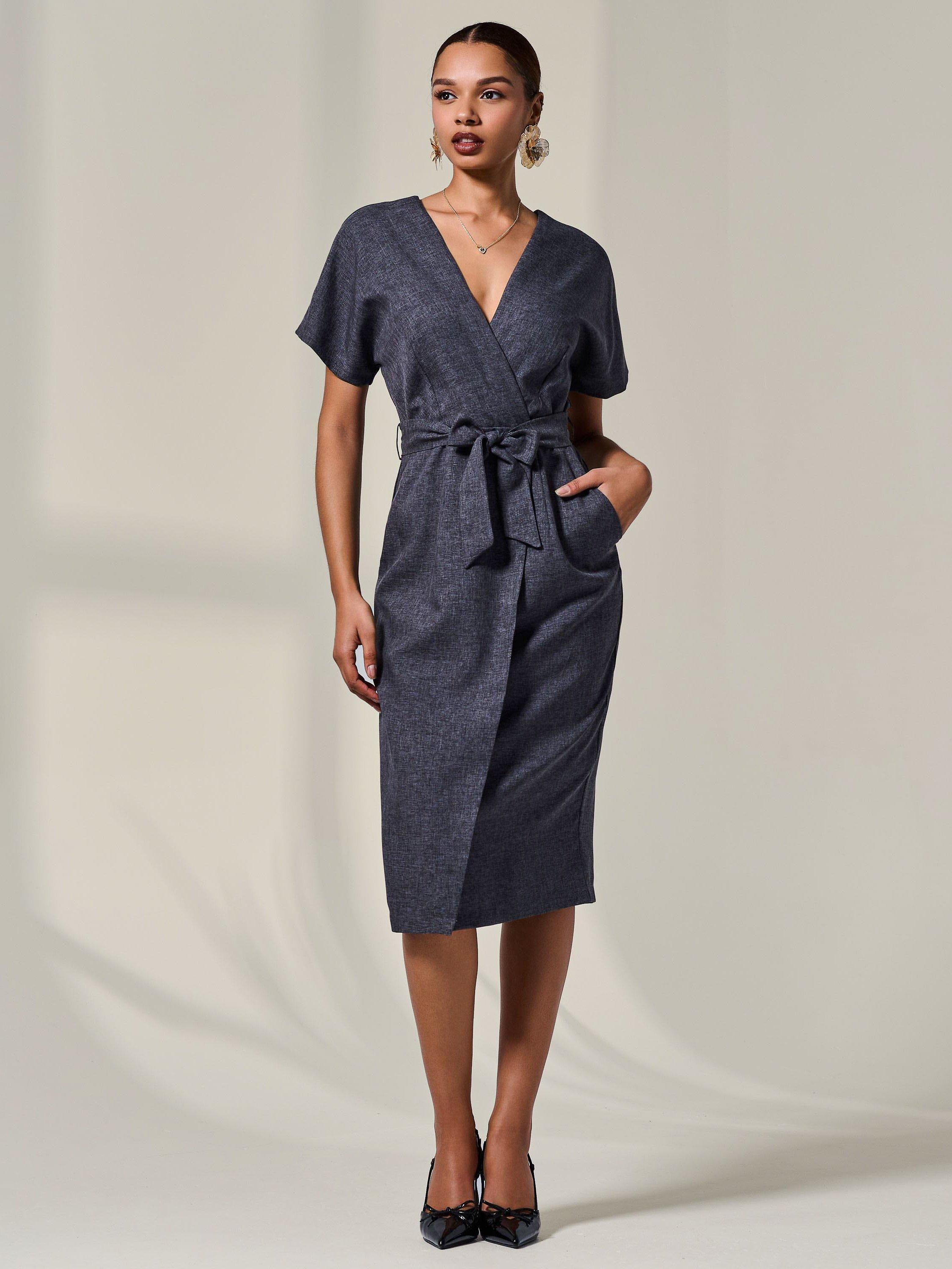 Product image 1 of 7, which shows Jolie Moi Tie Waist Midi Dress, Dark Grey, 8