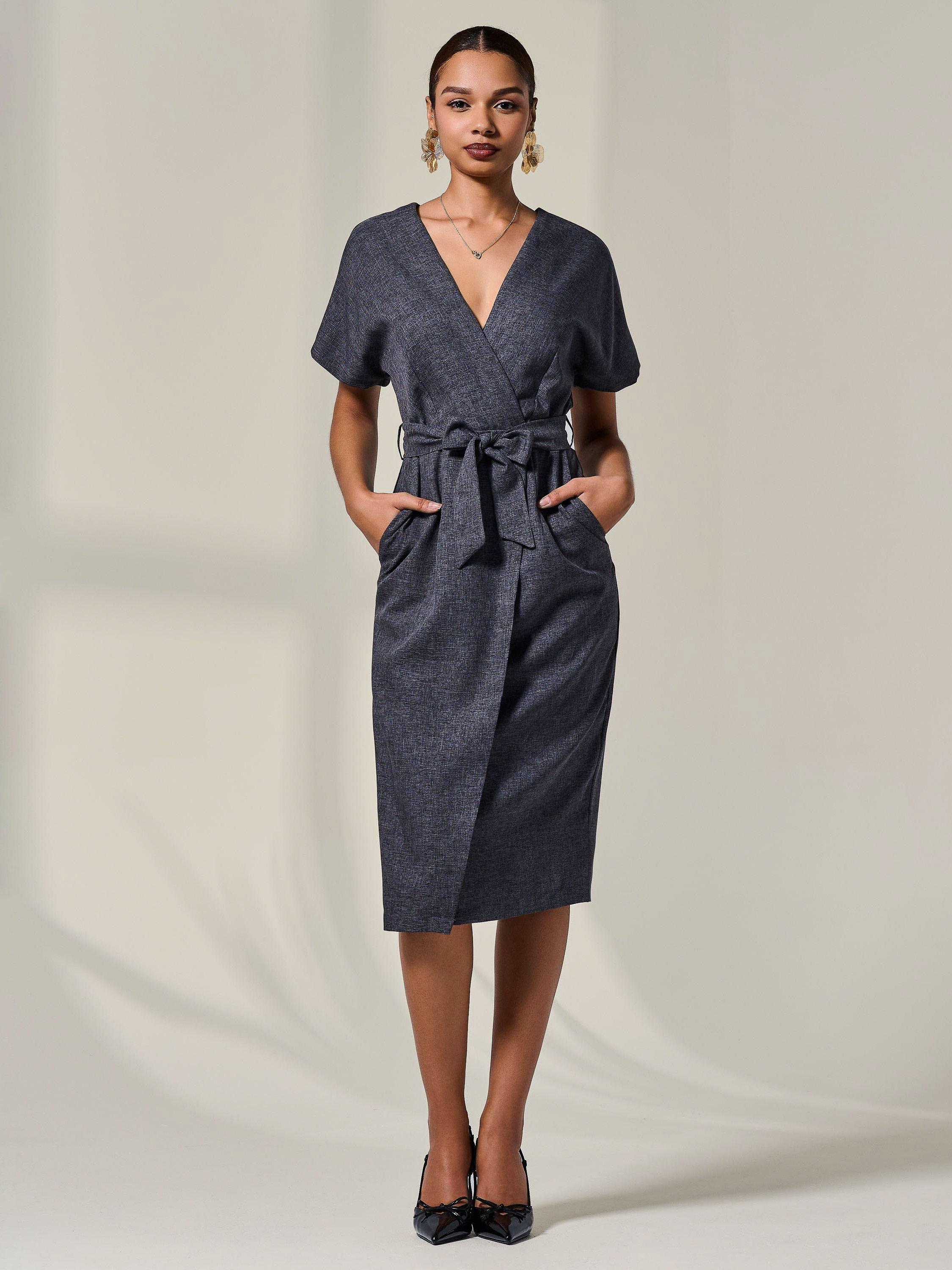 Product image 3 of 7, which shows Jolie Moi Tie Waist Midi Dress, Dark Grey, 8