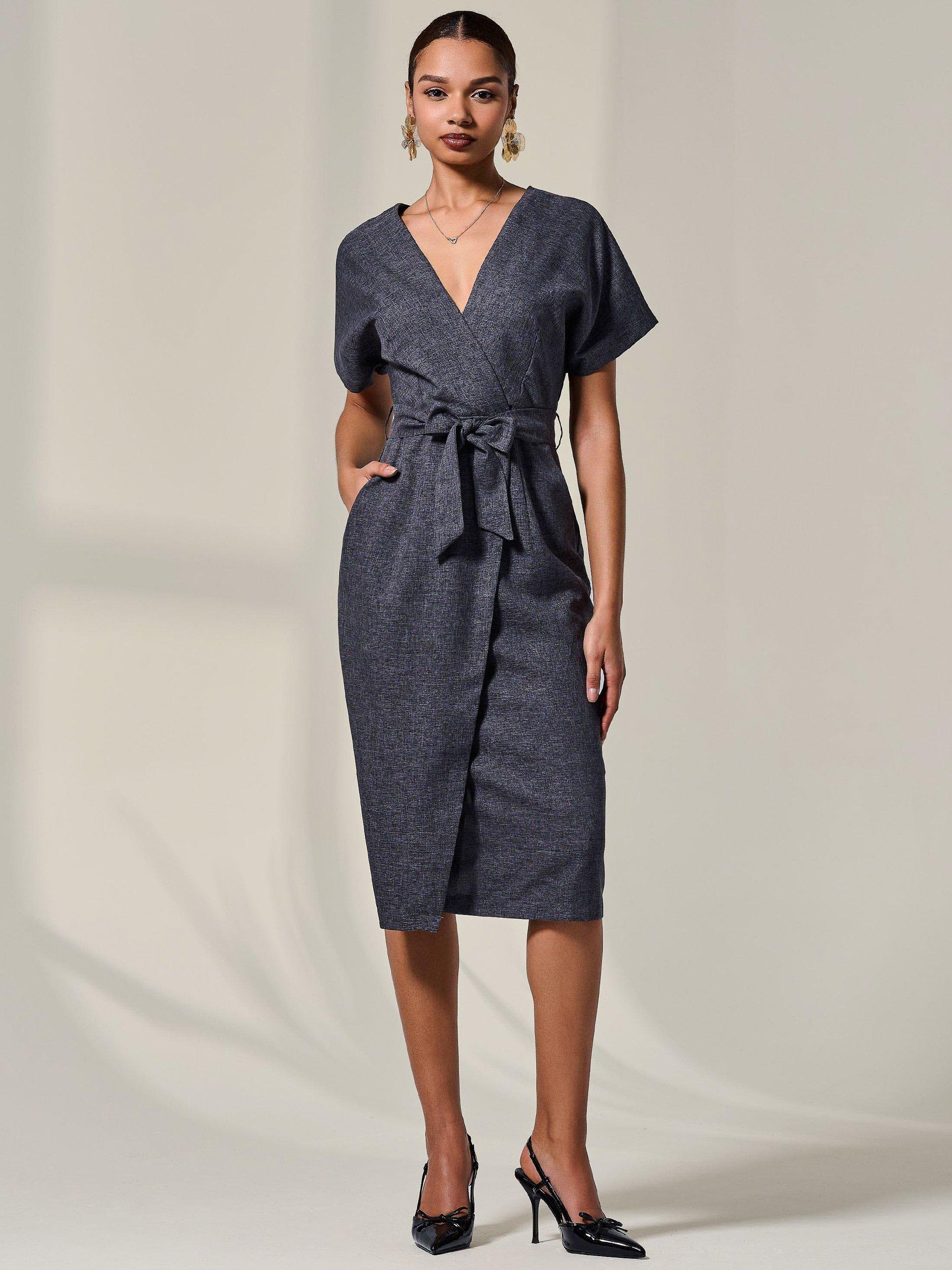 Product image 5 of 7, which shows Jolie Moi Tie Waist Midi Dress, Dark Grey, 8