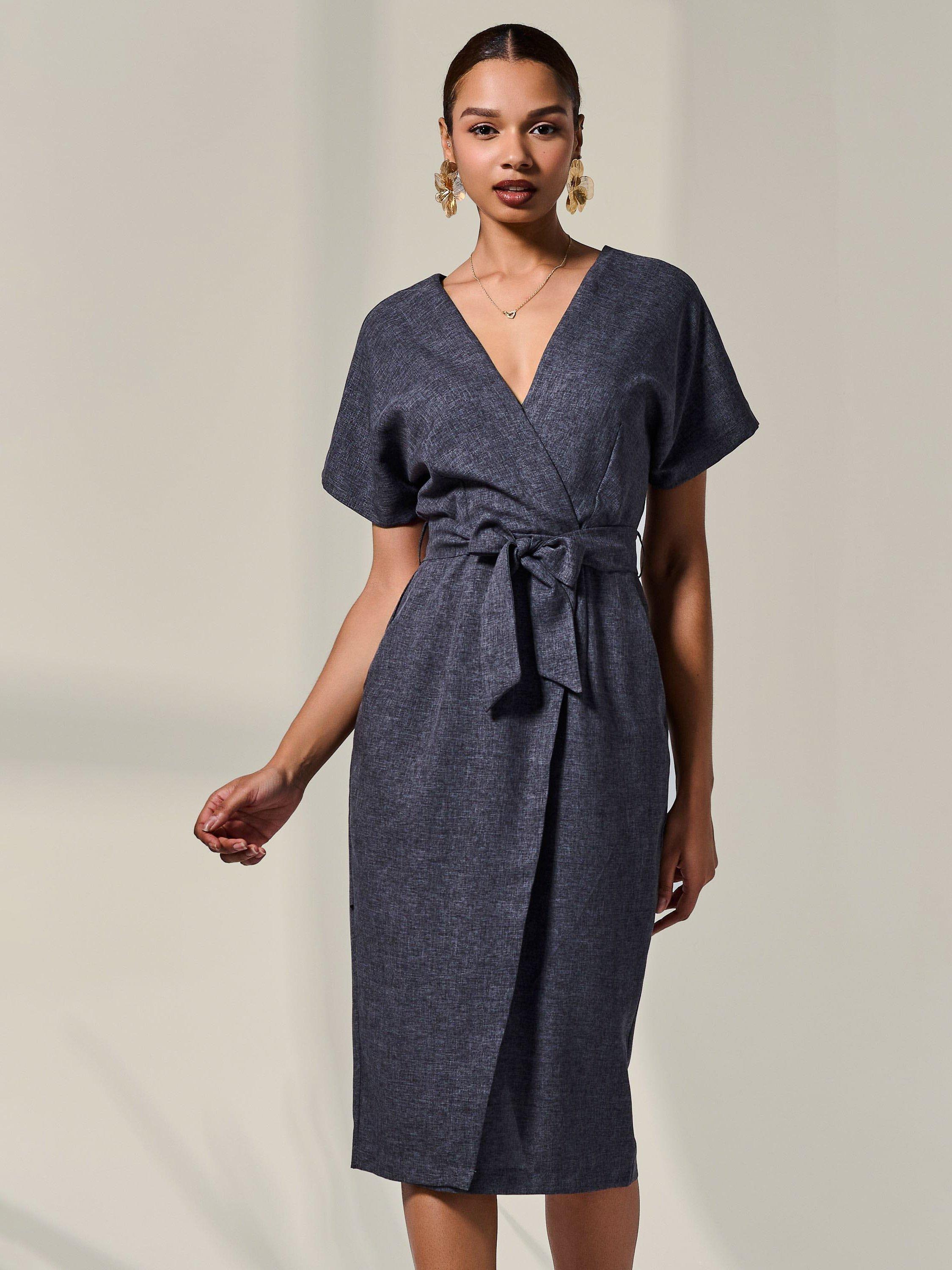 Product image 6 of 7, which shows Jolie Moi Tie Waist Midi Dress, Dark Grey, 8