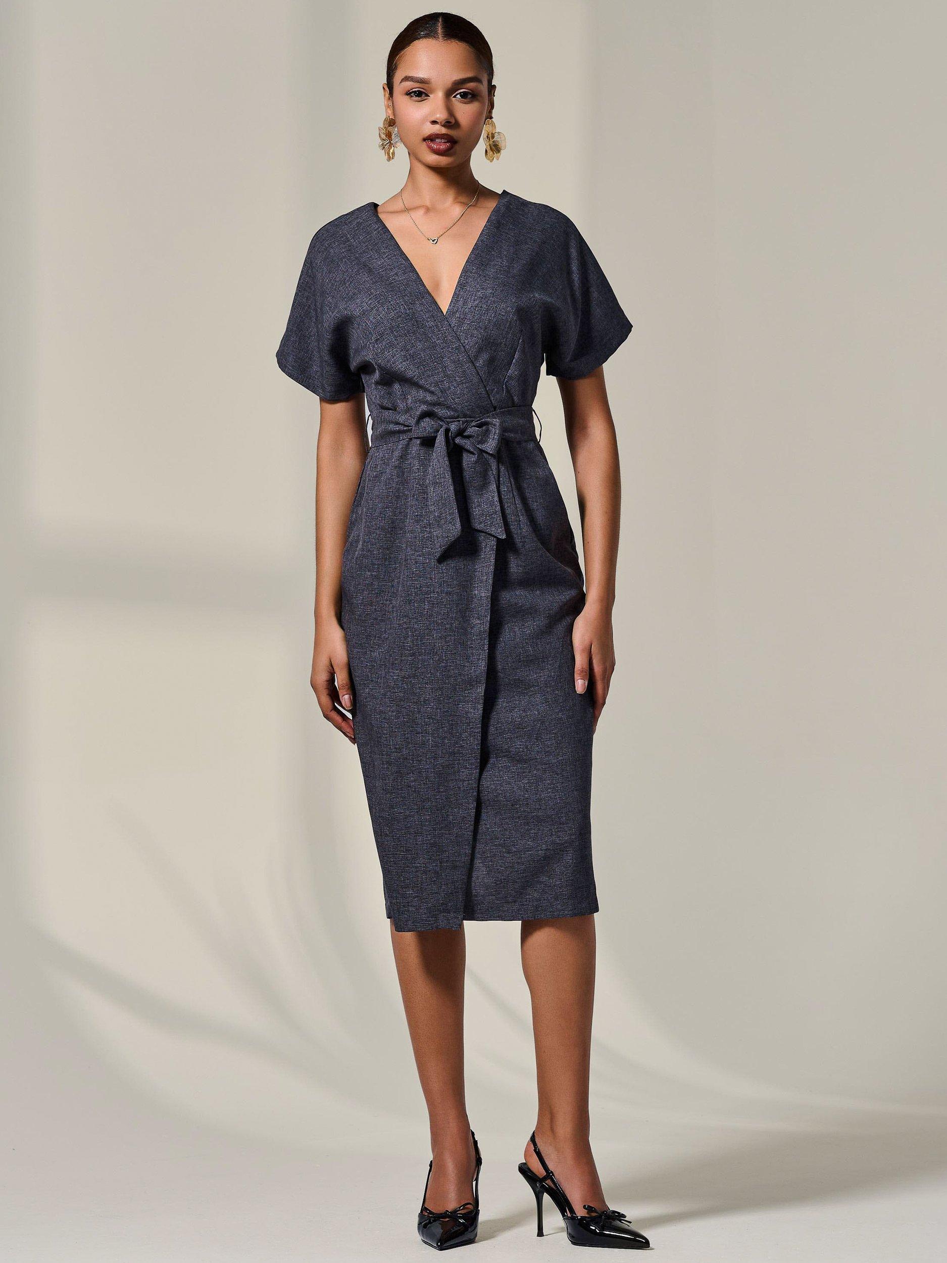 Product image 7 of 7, which shows Jolie Moi Tie Waist Midi Dress, Dark Grey, 8