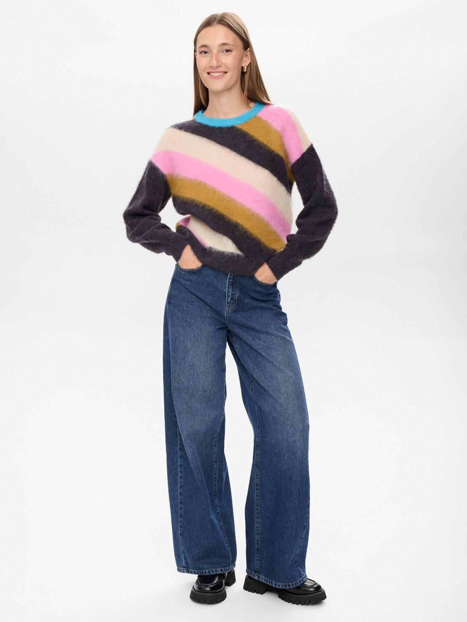Product image 3 of 7, which shows Numph Nusuri Stripe Round Neck Jumper, Obsidian, XS