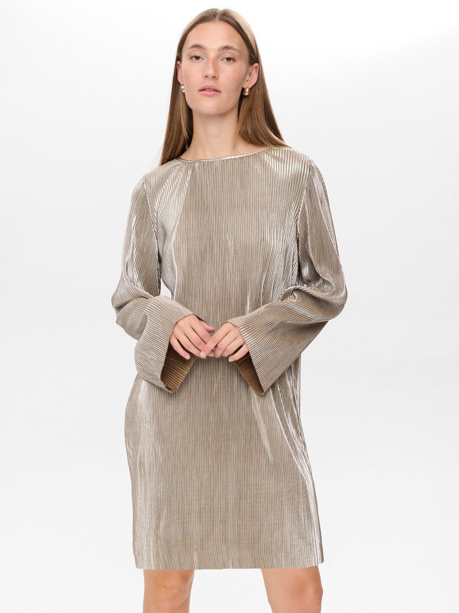 Product image 1 of 7, which shows Numph Nujiva Long Sleeve Round Neck Mini Dress, Champagne, XS
