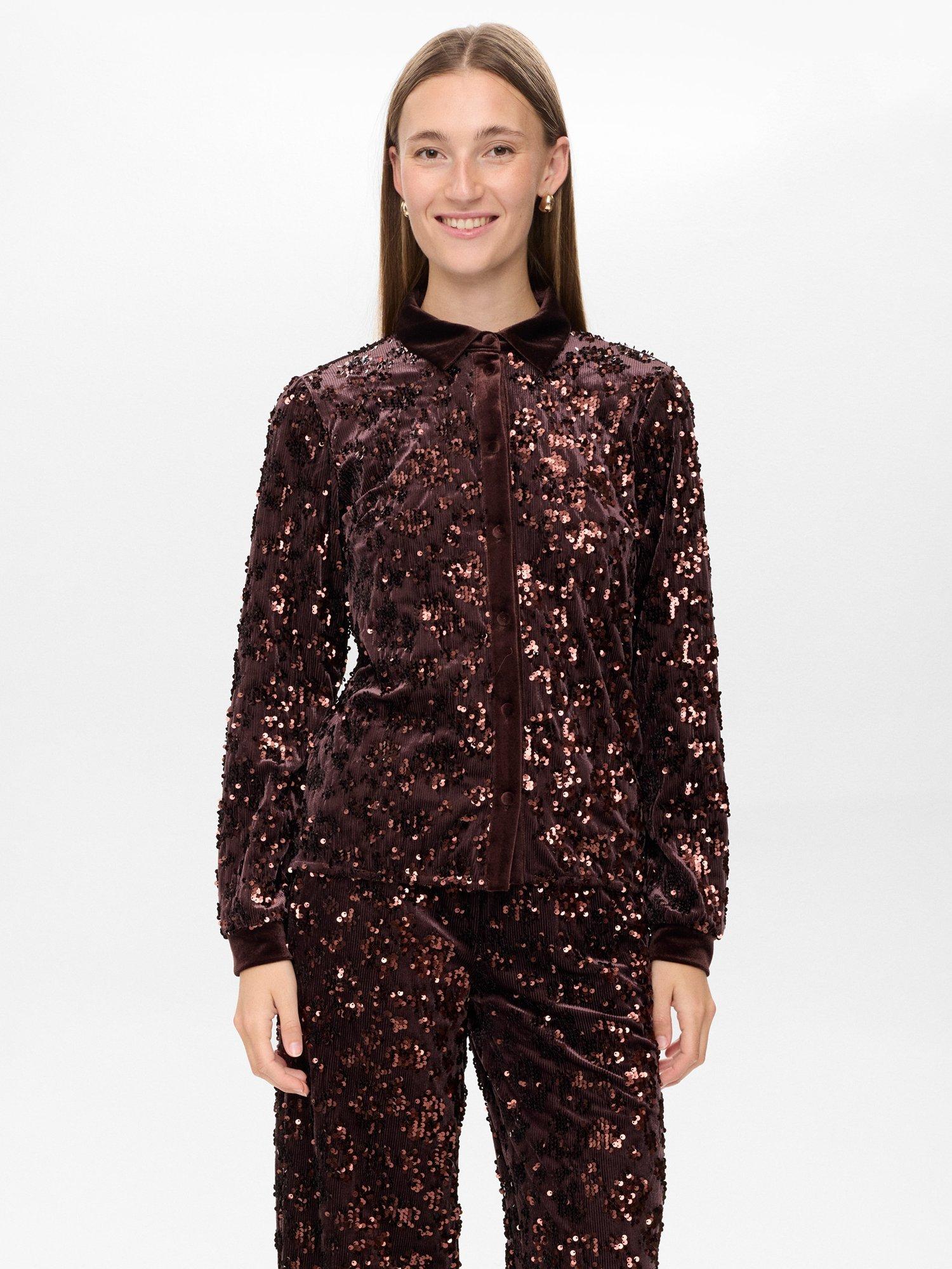 Product image 1 of 7, which shows Numph Nukimsi Long Sleeve Button Neck Shirt, Black Coffee, XS