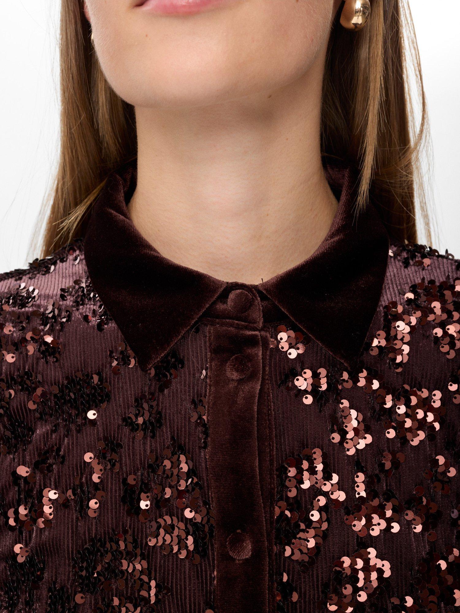 Product image 4 of 7, which shows Numph Nukimsi Long Sleeve Button Neck Shirt, Black Coffee, XS