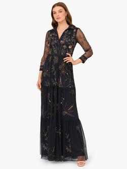 Adrianna Papell Floral Beaded Mesh Maxi Dress, Midnight/Multi, Midnight/Multi