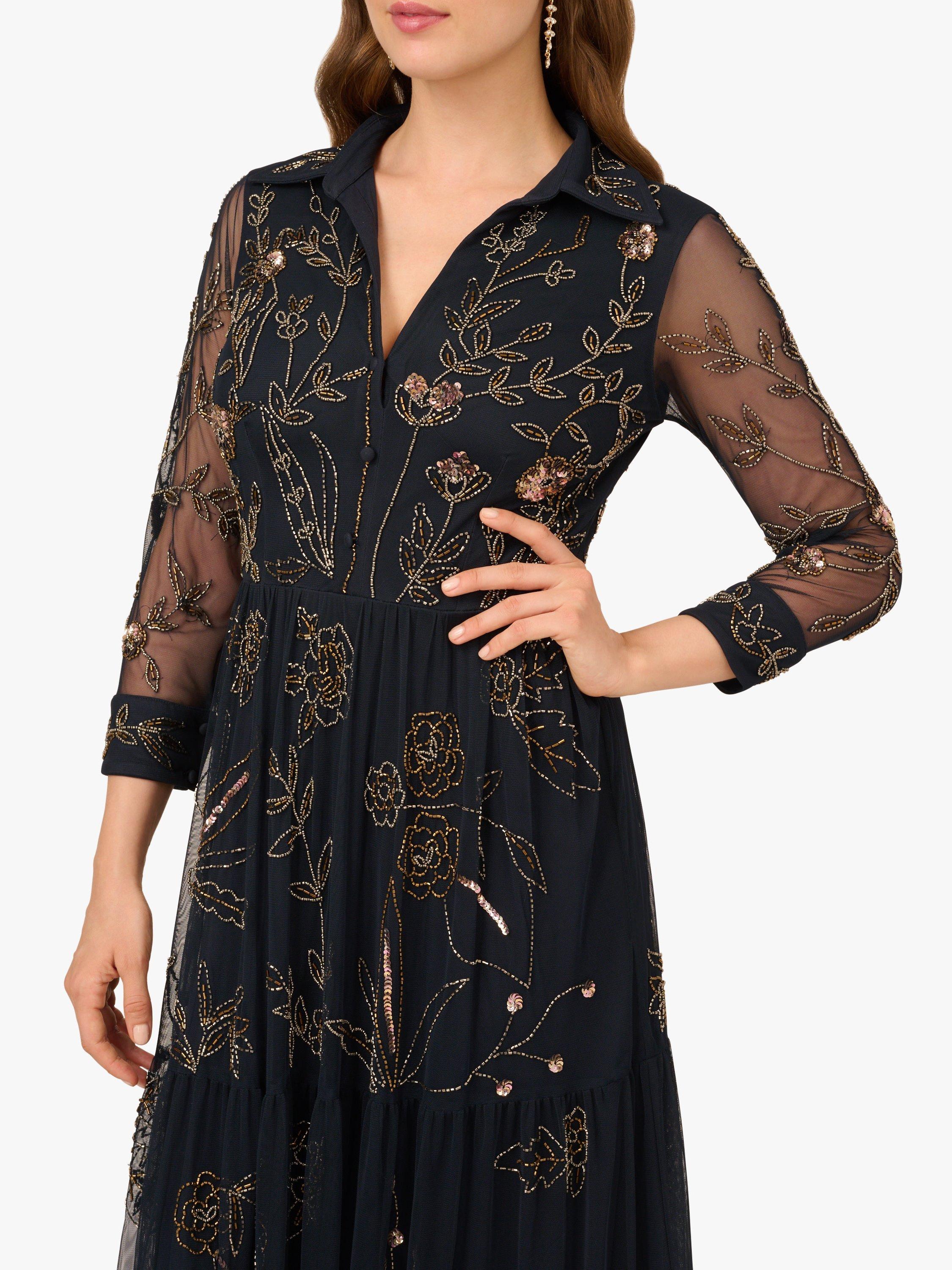 Product image 4 of 6, which shows Adrianna Papell Floral Beaded Mesh Maxi Dress, Midnight/Multi, 6
