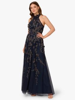 Adrianna Papell Beaded Petal Maxi Dress, Navy/Rosegold, Navy/Rosegold