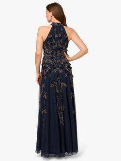 Adrianna Papell Beaded Petal Maxi Dress, Navy/Rosegold - view 2, Navy/Rosegold