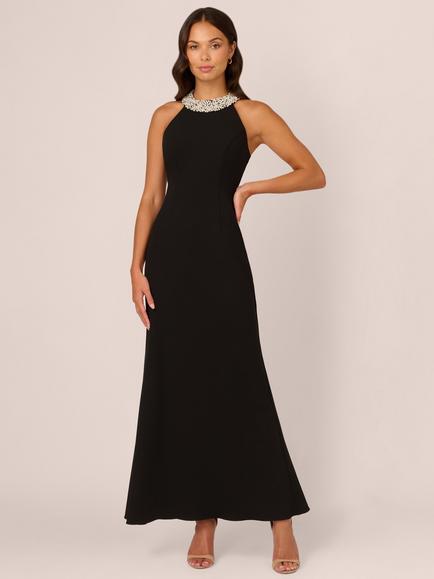 Adrianna Papell Studio Faux Pearl Neckline Dress, Black, Black