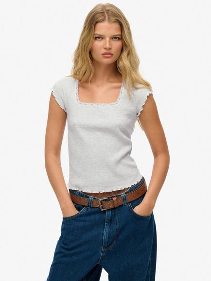 Superdry Essential Square Neck T-Shirt, Glacier Grey Marl, Glacier Grey Marl