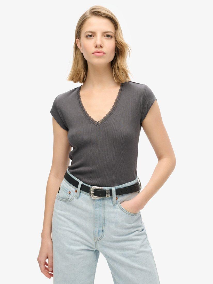 Product image 1 of 5, which shows Superdry Athletic Essential Lace Trim V-Neck Top, Dark Slate Grey, 6-8