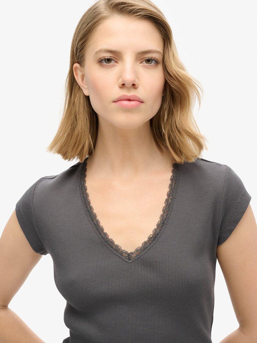 Product image 3 of 5, which shows Superdry Athletic Essential Lace Trim V-Neck Top, Dark Slate Grey, 6-8