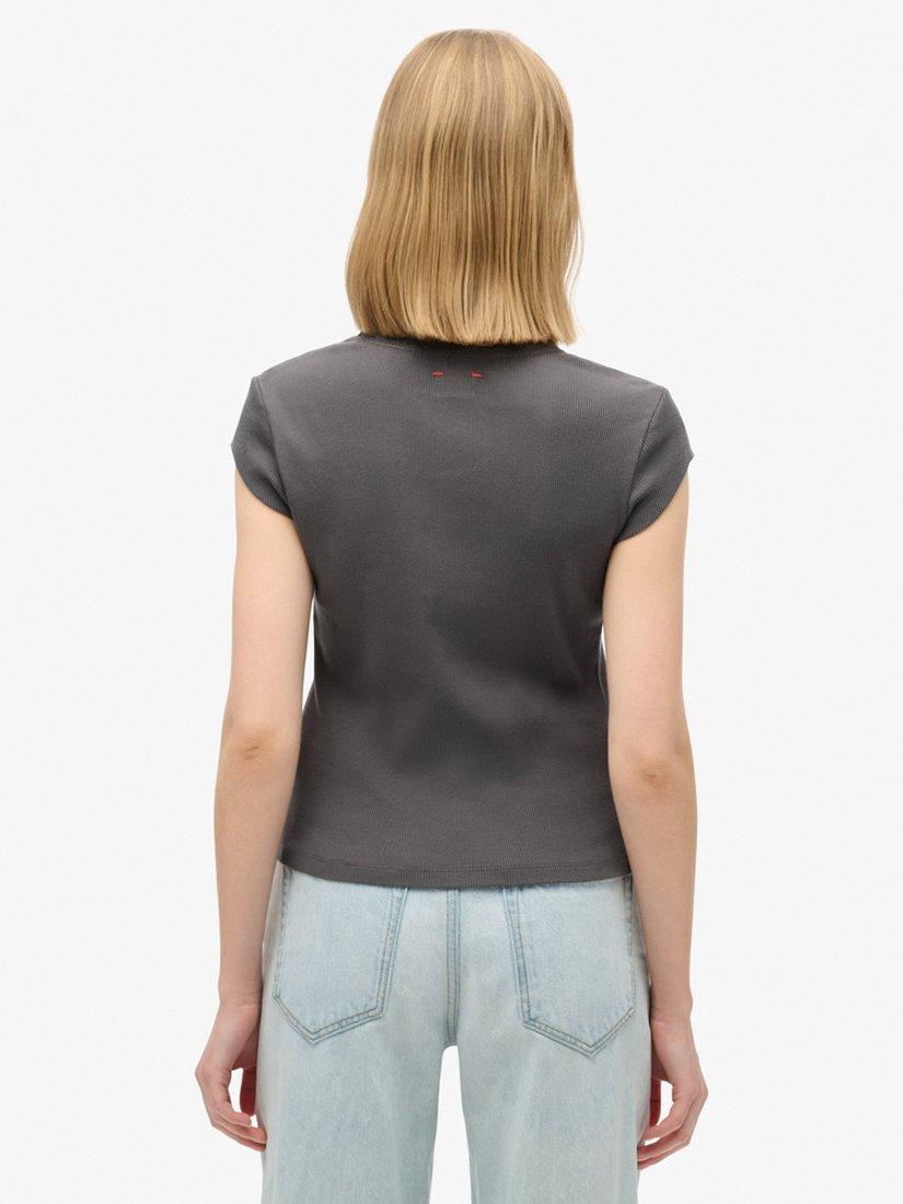 Product image 4 of 5, which shows Superdry Athletic Essential Lace Trim V-Neck Top, Dark Slate Grey, 6-8