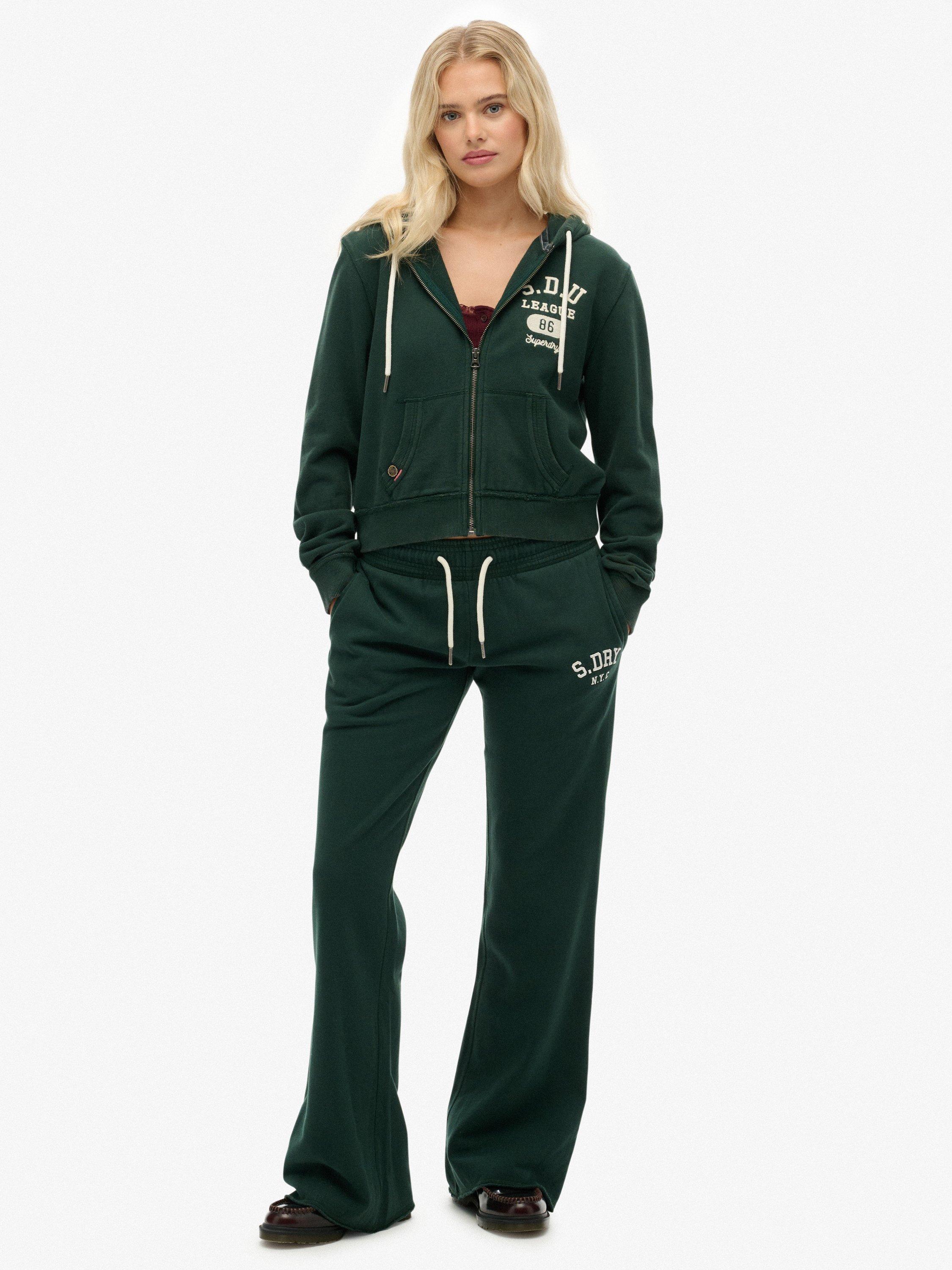 Product image 1 of 7, which shows Superdry Athletic Embroidered Flare Joggers, Enamel Green, 6