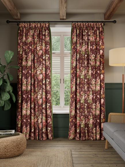 John Lewis x Sanderson Stapleton Park Pair Lined Pencil Pleat Curtains, Mulberry/Chamomile