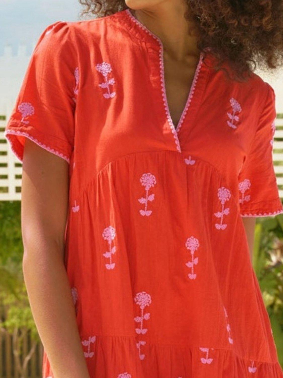 Product image 2 of 5, which shows Aspiga India Embroidered Floral Dress, Red/Pink, S