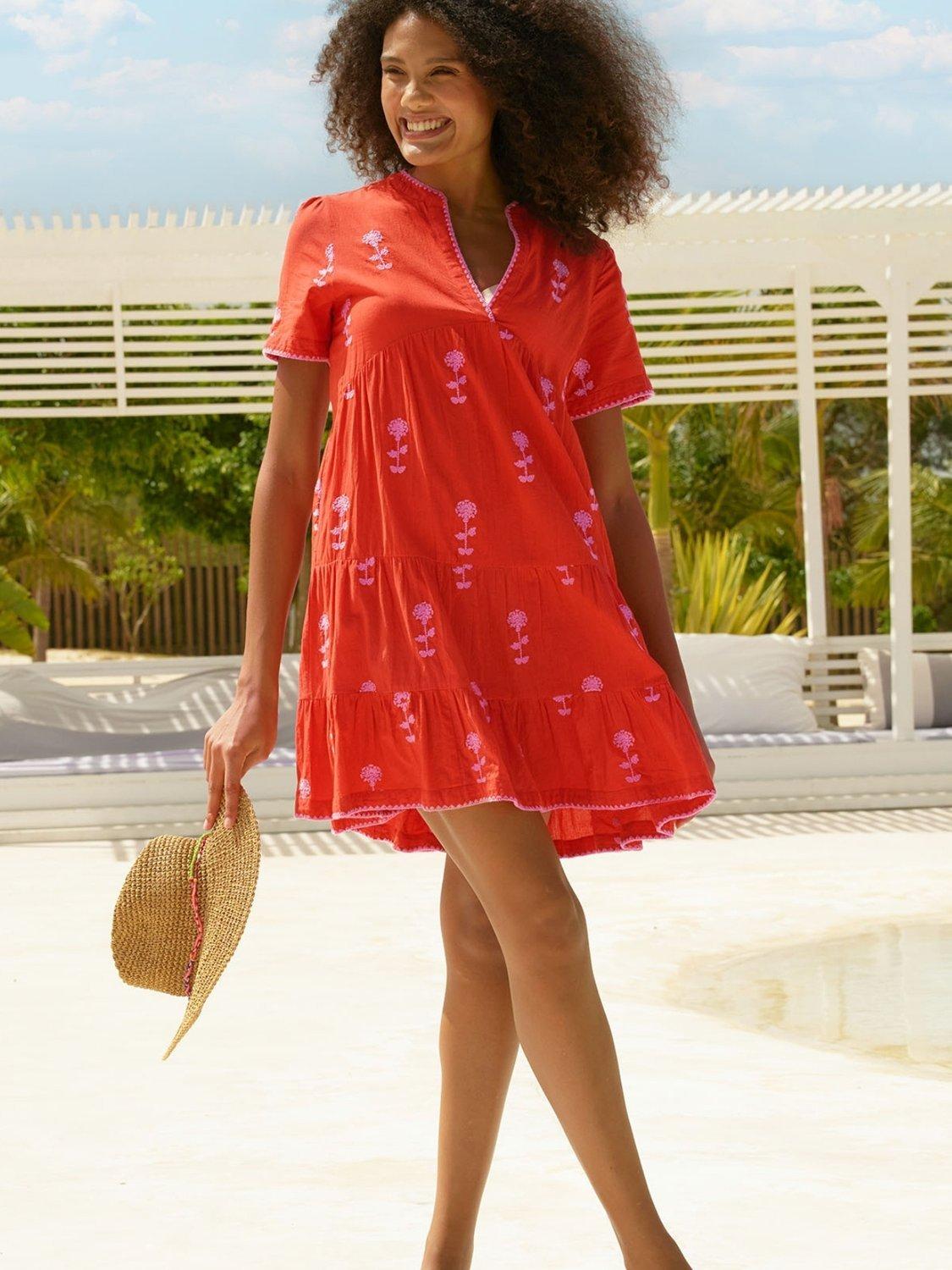 Product image 5 of 5, which shows Aspiga India Embroidered Floral Dress, Red/Pink, S
