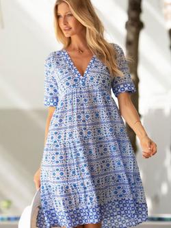 Aspiga Santorini Floral Dress, White/Blue, White/Blue