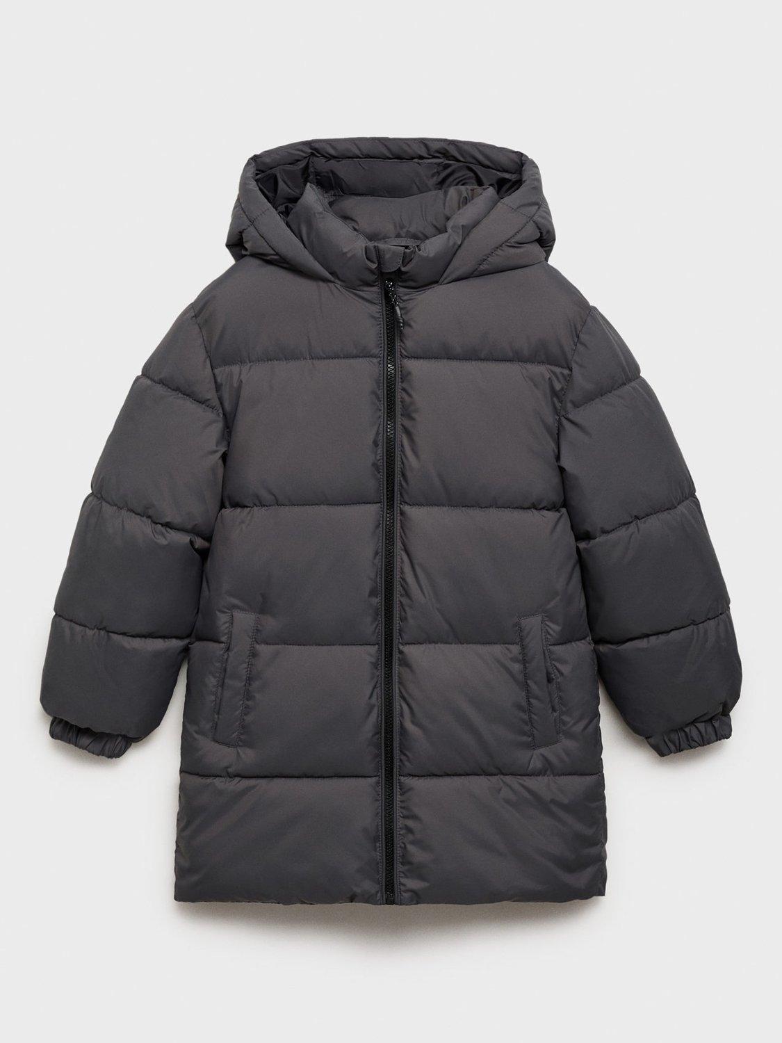 Product image 1 of 4, which shows Mango Kids' America Long Quilted Waterproof Jacket, Charcoal, 7 years