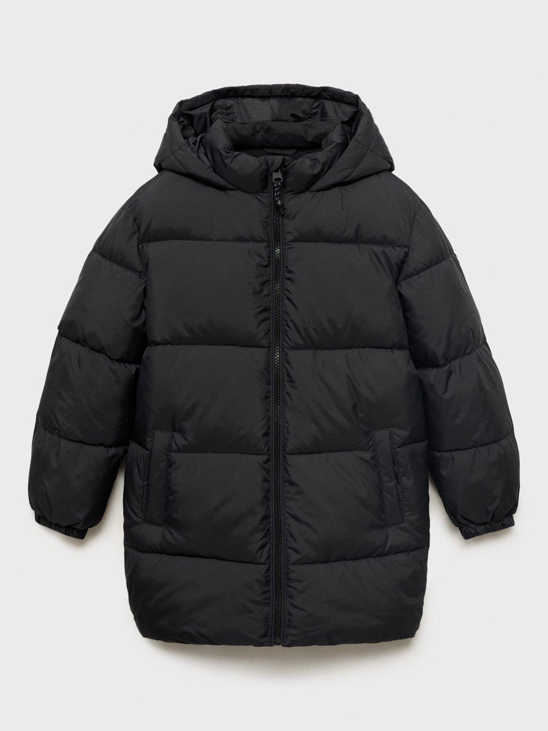 Product image 1 of 4, which shows Mango Kids' America Long Quilted Waterproof Jacket, Black, 11 years