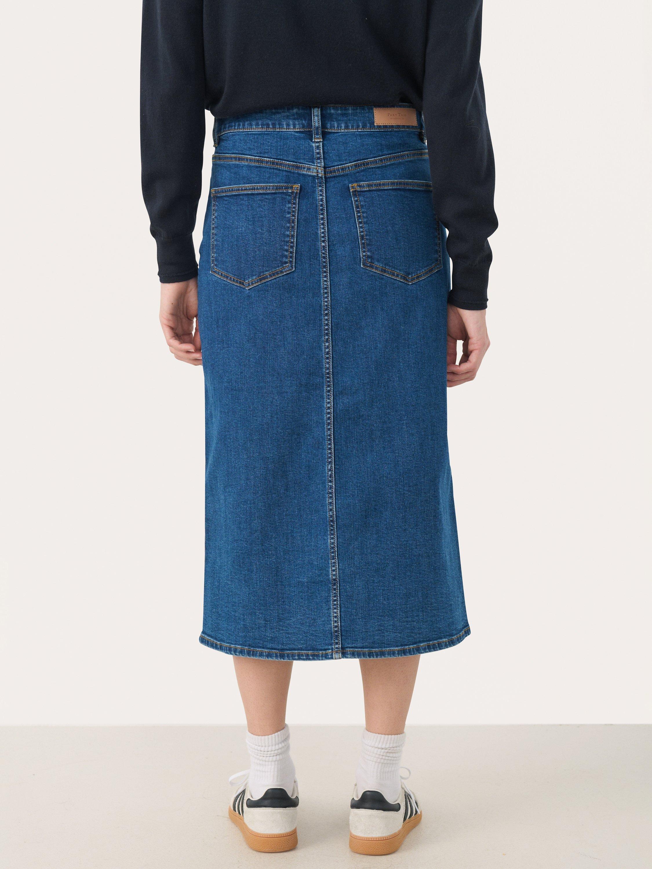 Product image 2 of 6, which shows Part Two DillinPW A-Line Cotton Denim Midi Skirt, Mid Blue, 8