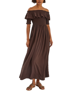 Accessorize Off-The-Shoulder Smocked Maxi Dress, Chocolate, Chocolate