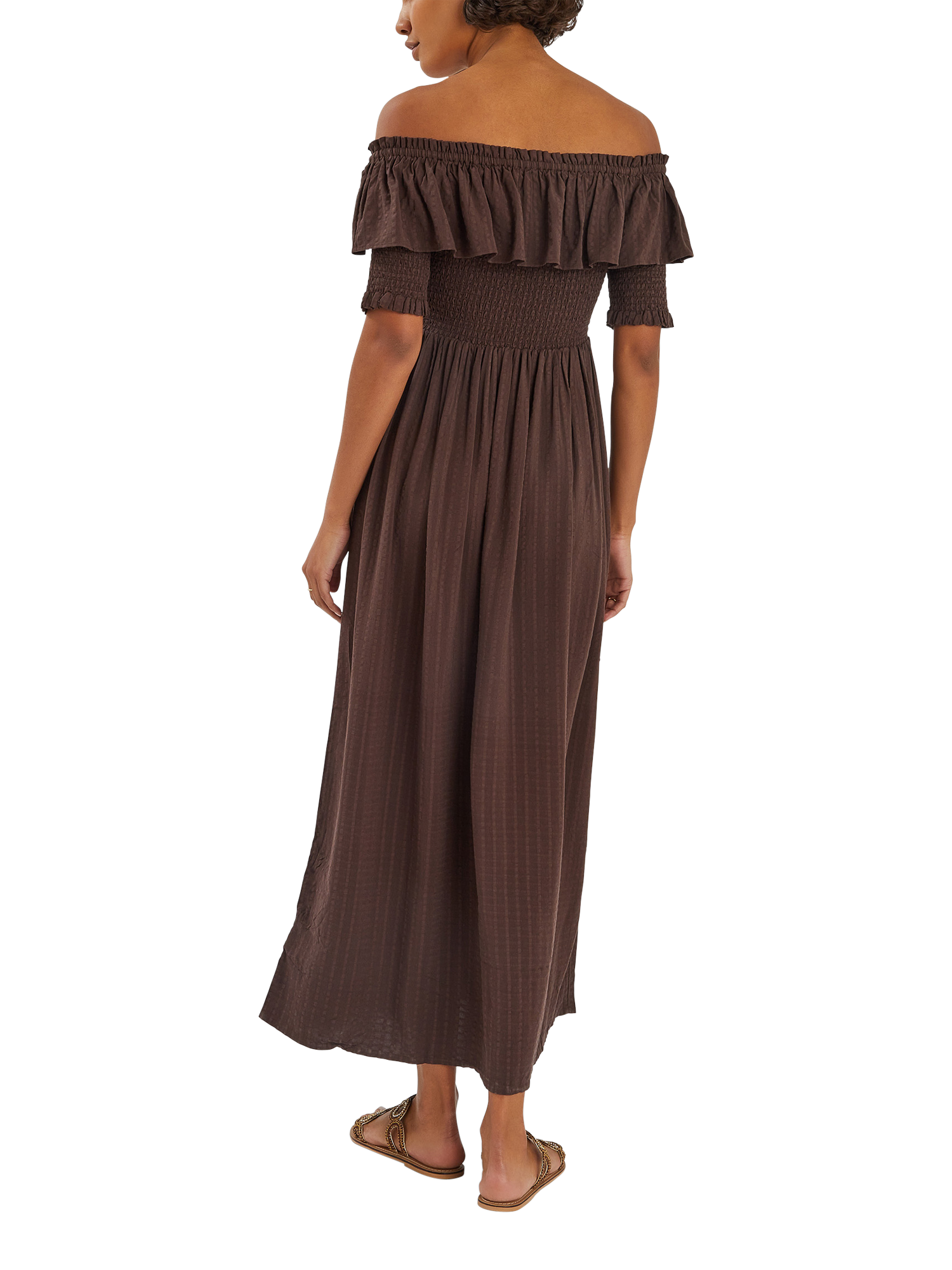 Product image 2 of 4, which shows Accessorize Off-The-Shoulder Smocked Maxi Dress, Chocolate, S