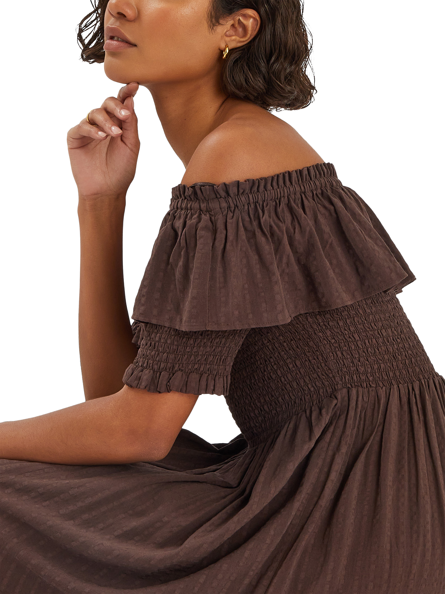 Product image 4 of 4, which shows Accessorize Off-The-Shoulder Smocked Maxi Dress, Chocolate, S