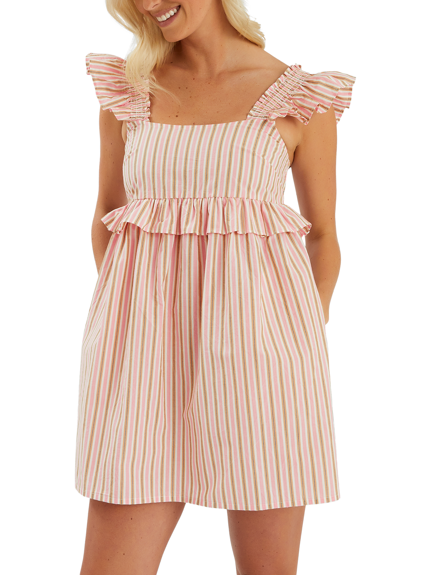 Product image 1 of 4, which shows Accessorize Sleeveless Stripe Frilly Mini Dress, Pink, XS
