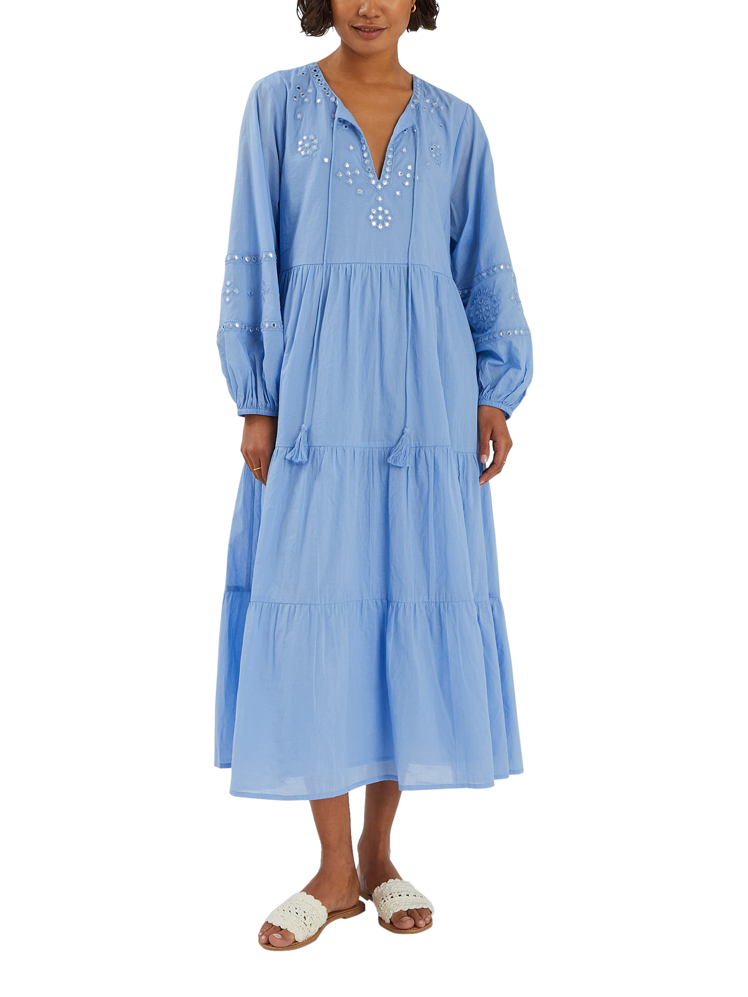 Product image 1 of 4, which shows Accessorize Mirror Embellished Long Sleeve Midi Dress, Blue, S