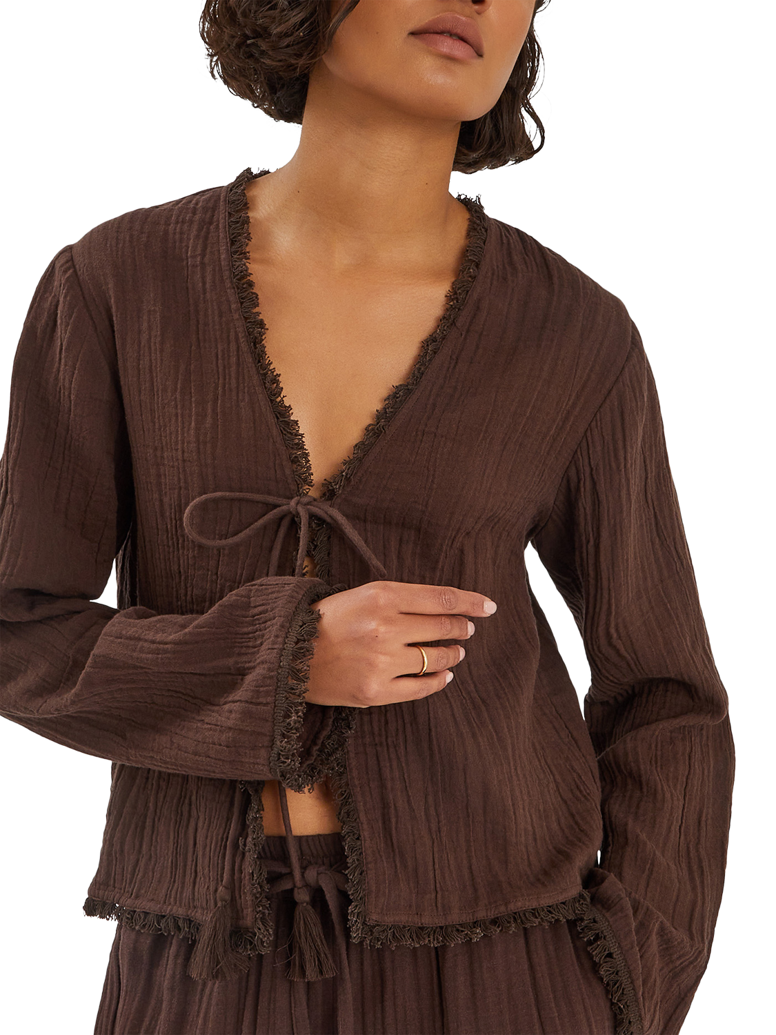 Product image 1 of 4, which shows Accessorize Crinkle Long Sleeve Tie Top, Chocolate, M