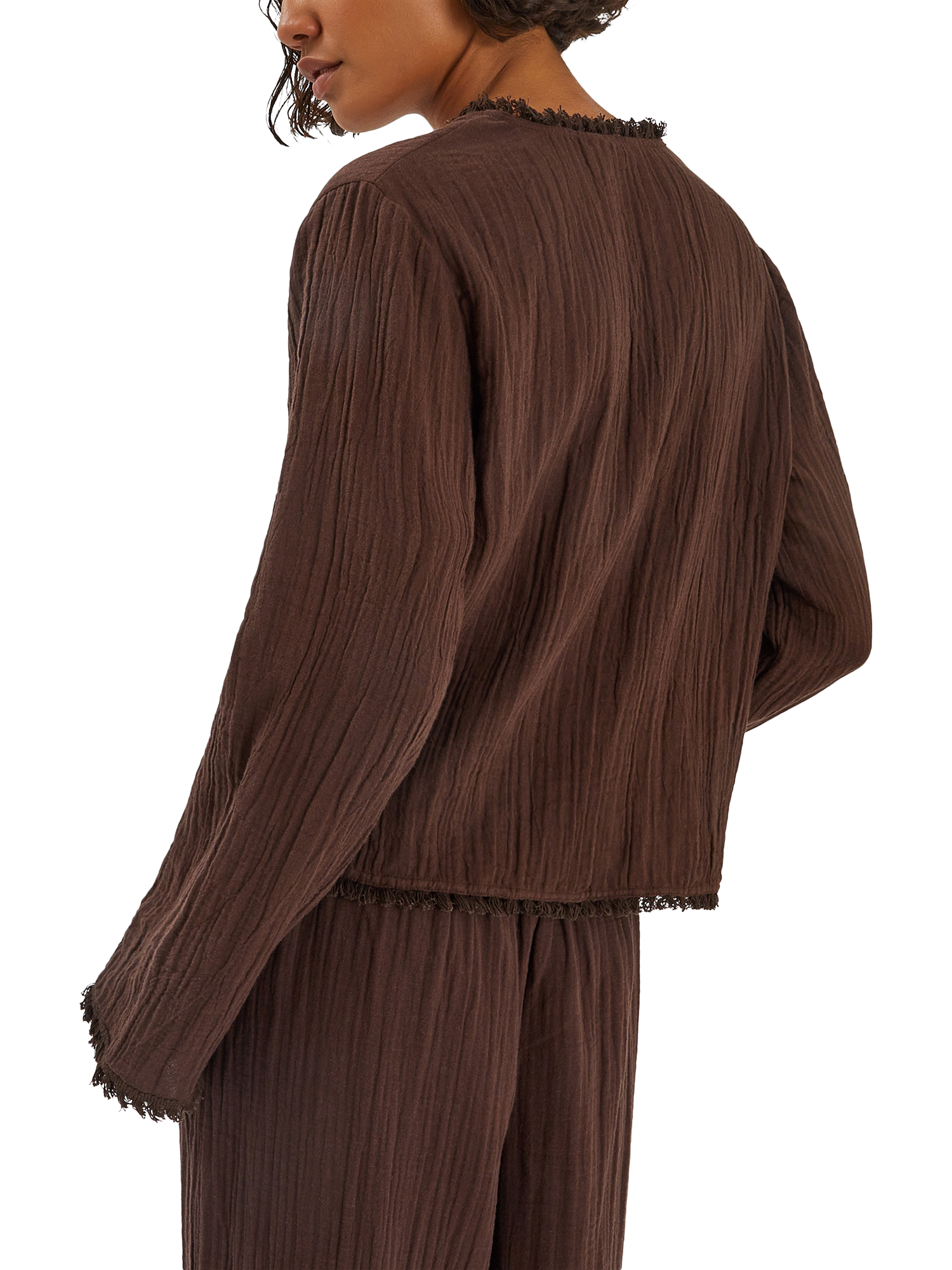 Product image 2 of 4, which shows Accessorize Crinkle Long Sleeve Tie Top, Chocolate, M
