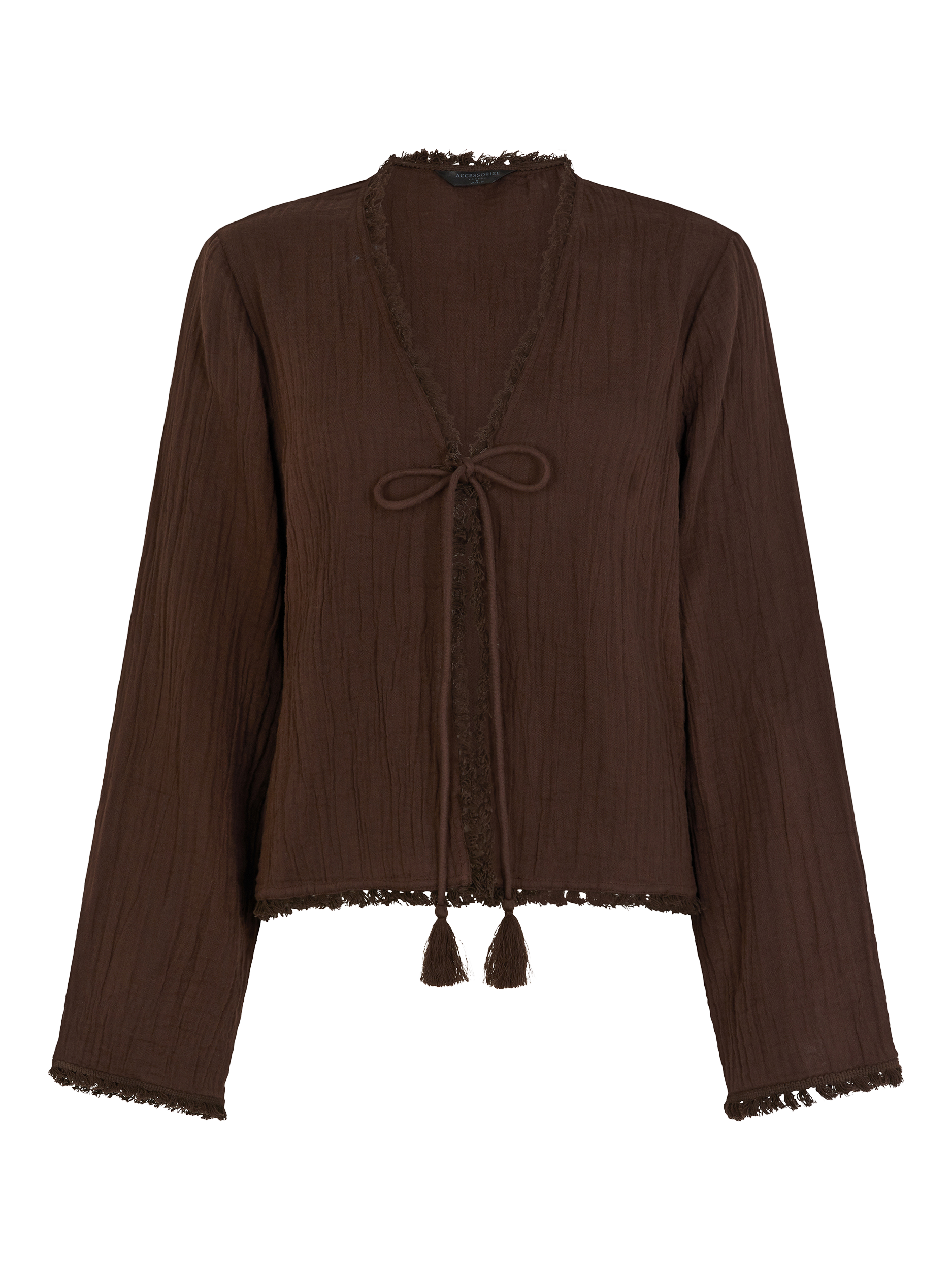 Product image 3 of 4, which shows Accessorize Crinkle Long Sleeve Tie Top, Chocolate, M