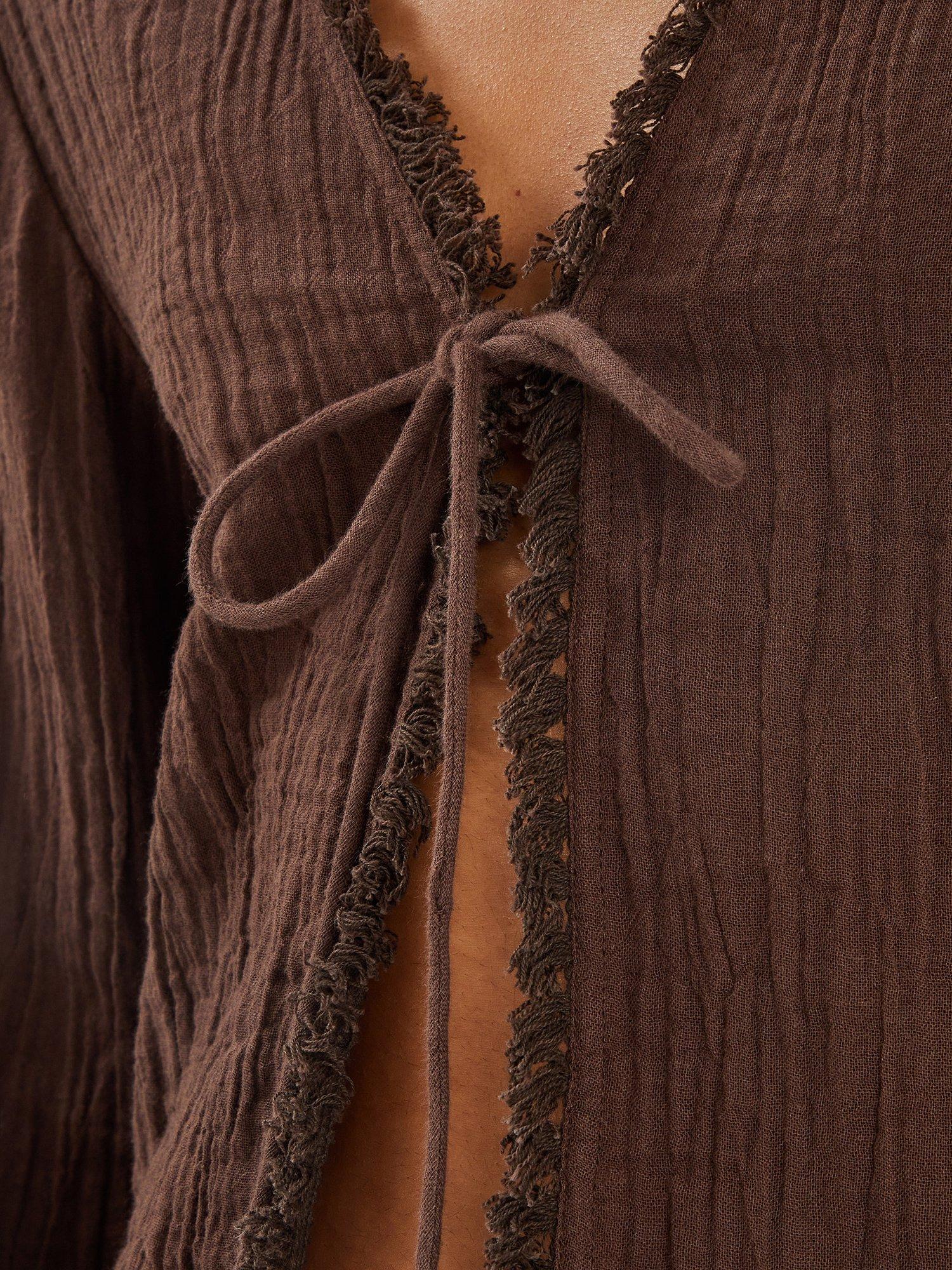 Product image 4 of 4, which shows Accessorize Crinkle Long Sleeve Tie Top, Chocolate, M