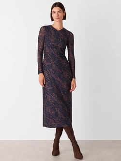 Whistles Abstract Print Long Sleeve V Neck Midi Dress, Navy/Multi